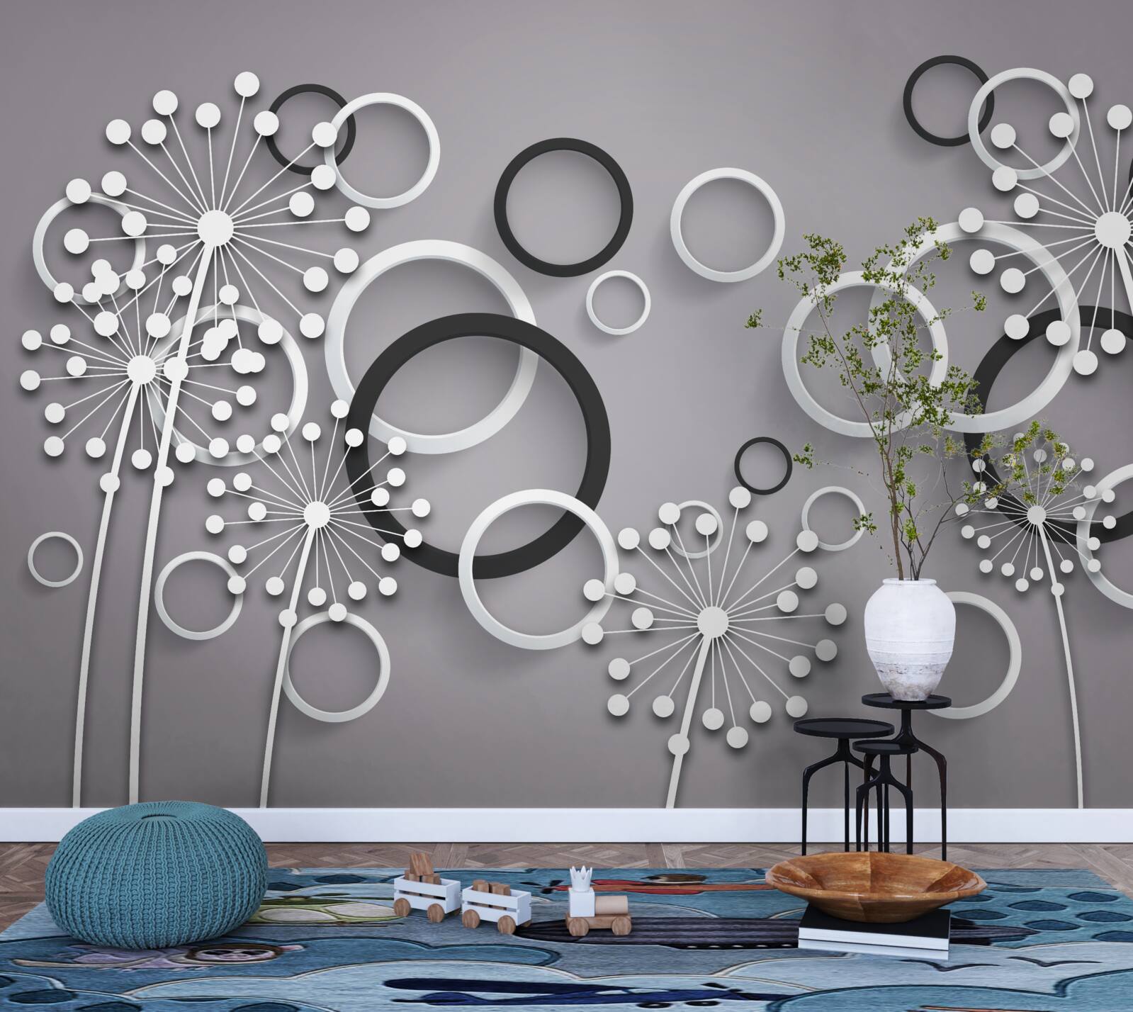 Фотошпалери сірі кола та молочай