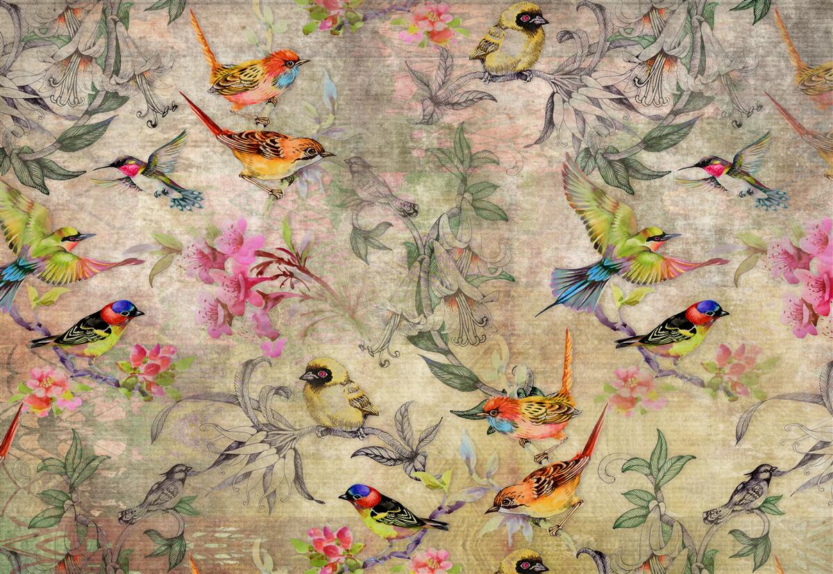 Фотошпалери група екзотичних птахів на деревах