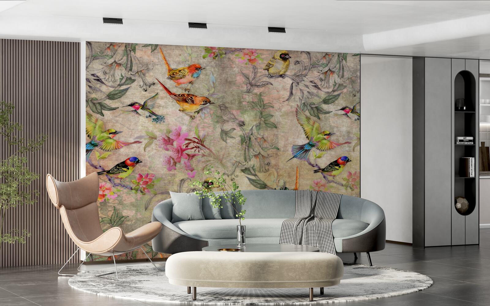 Фотошпалери група екзотичних птахів на деревах