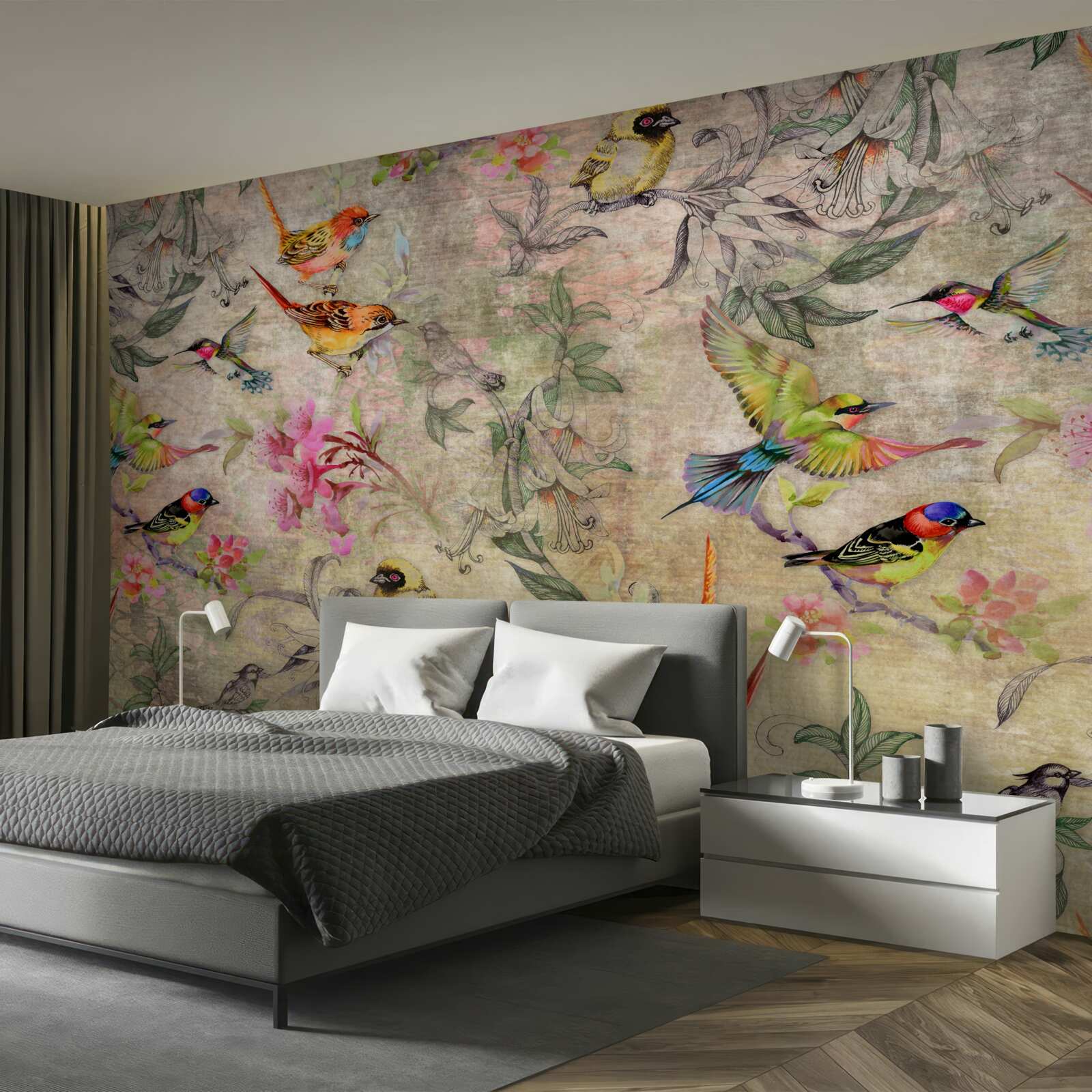 Фотошпалери група екзотичних птахів на деревах