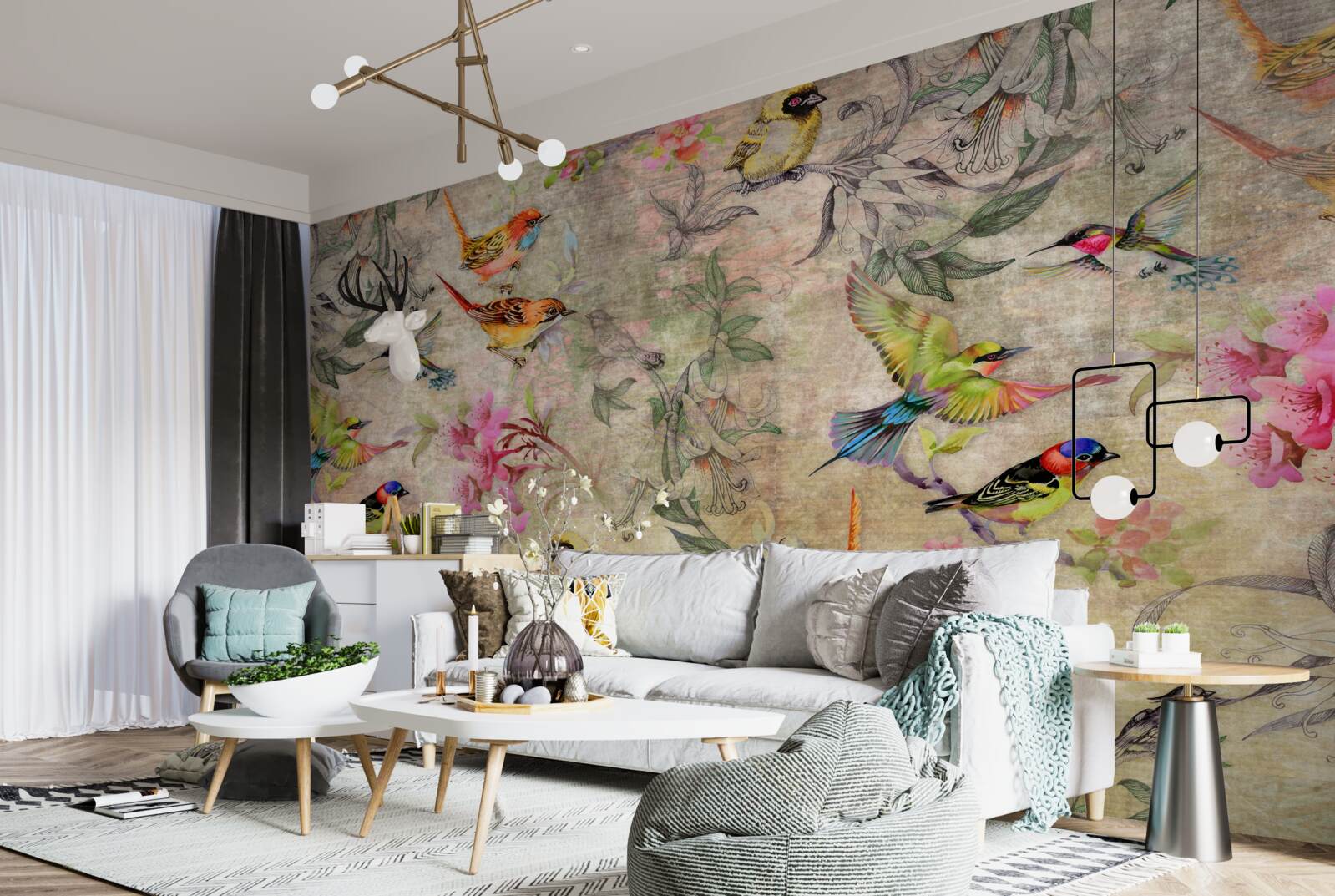 Фотошпалери група екзотичних птахів на деревах