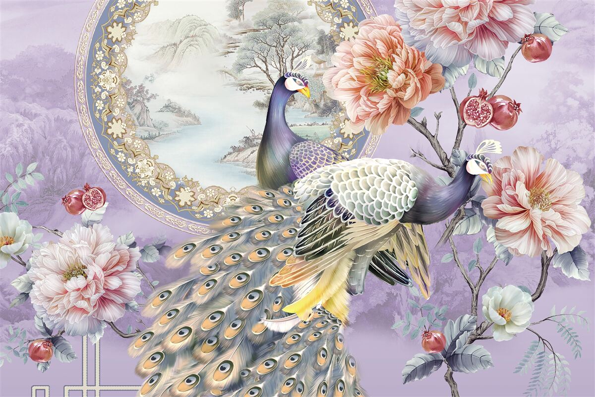 Фотошпалери елегантні павичі серед квітів