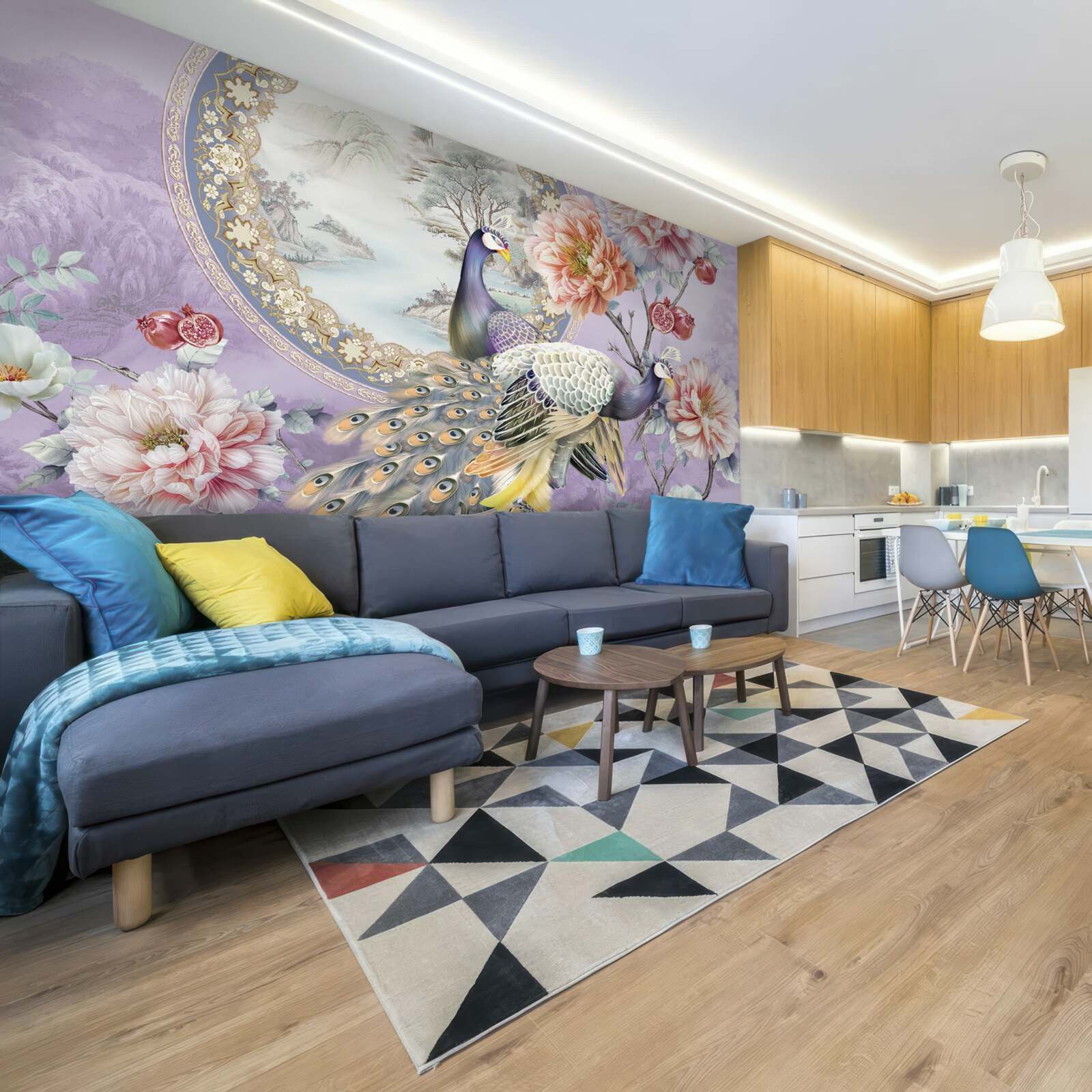 Фотошпалери елегантні павичі серед квітів