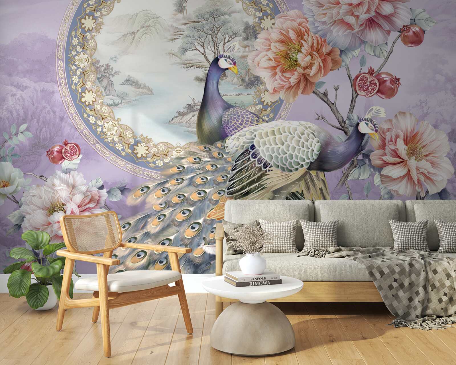 Фотошпалери елегантні павичі серед квітів