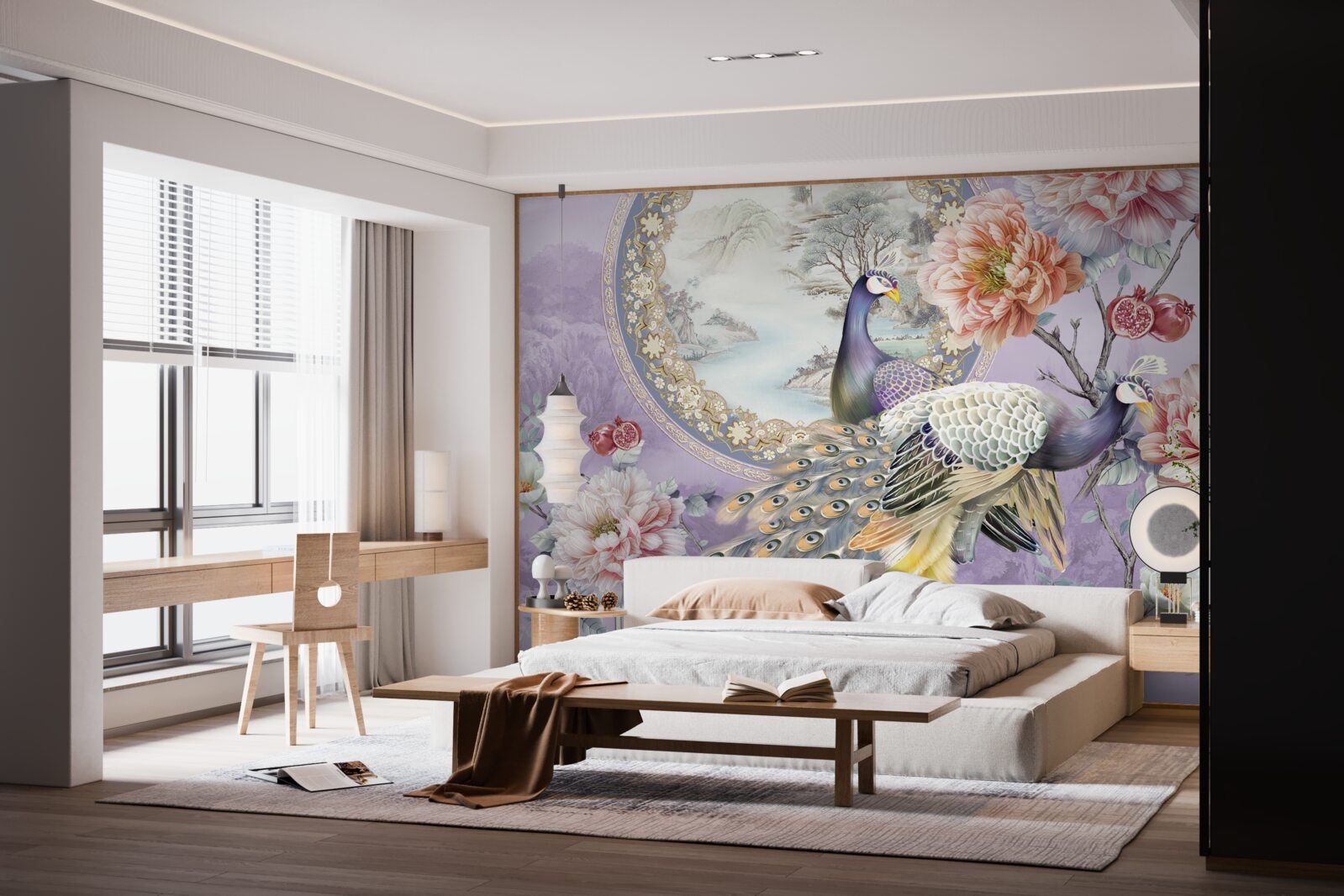 Фотошпалери елегантні павичі серед квітів