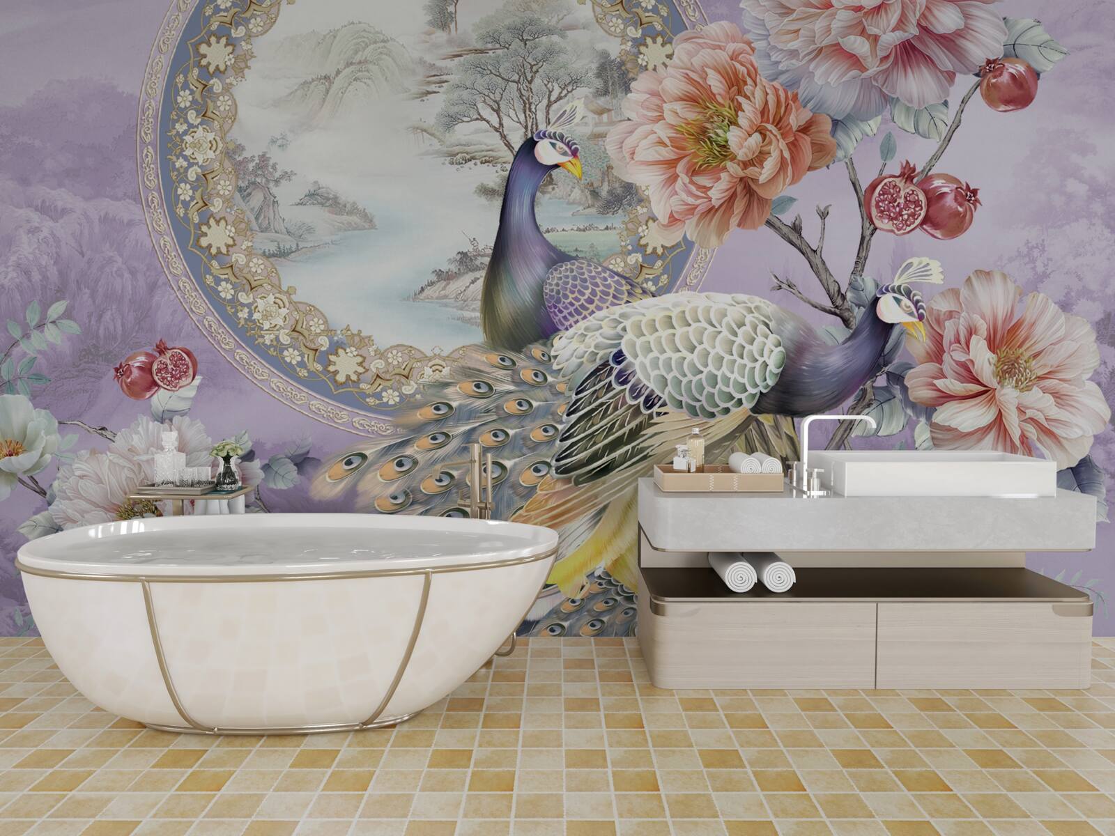 Фотошпалери елегантні павичі серед квітів