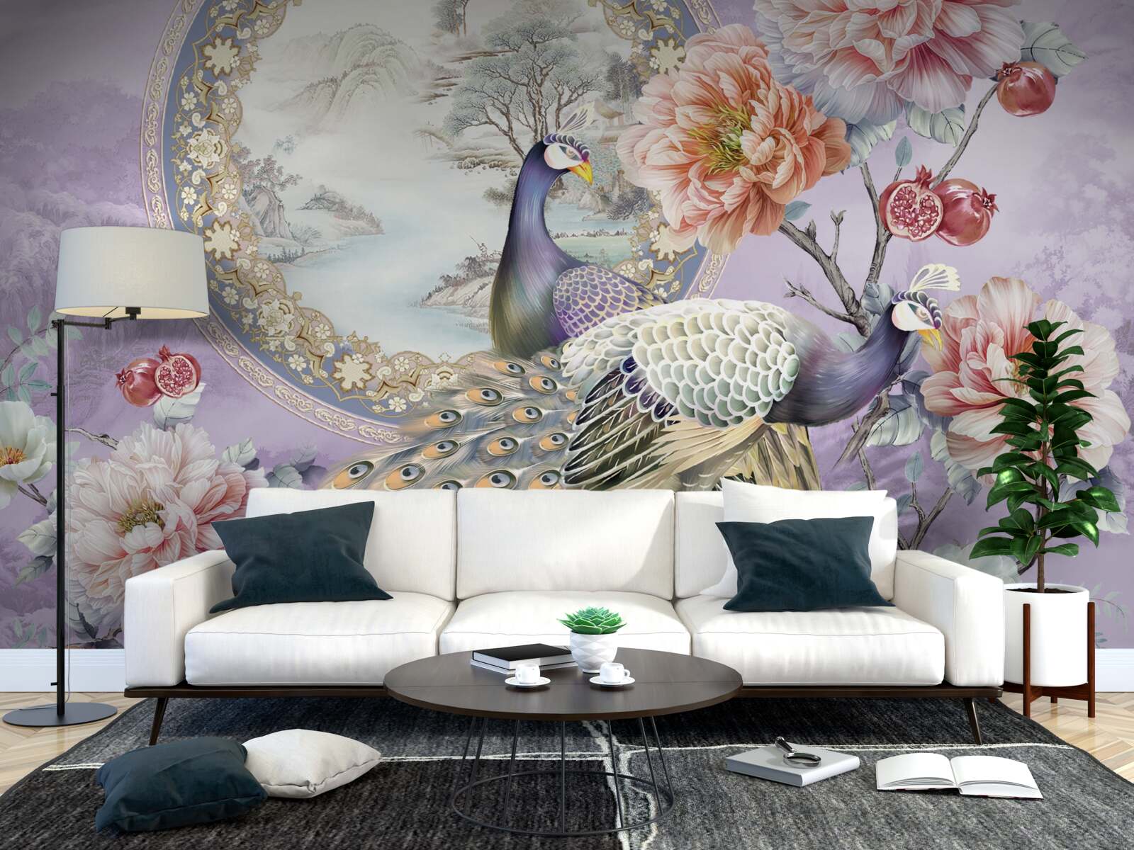 Фотошпалери елегантні павичі серед квітів