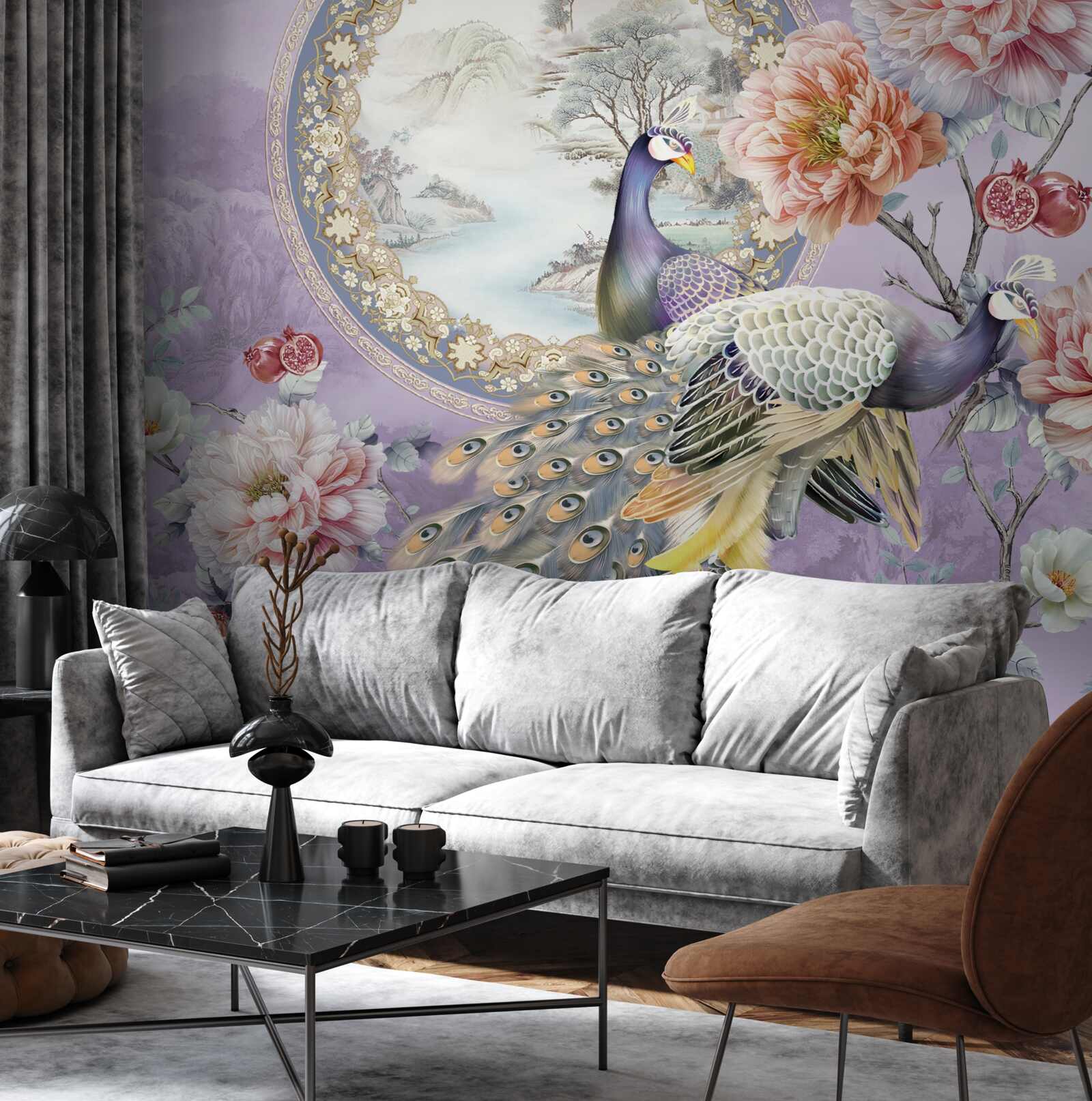 Фотошпалери елегантні павичі серед квітів