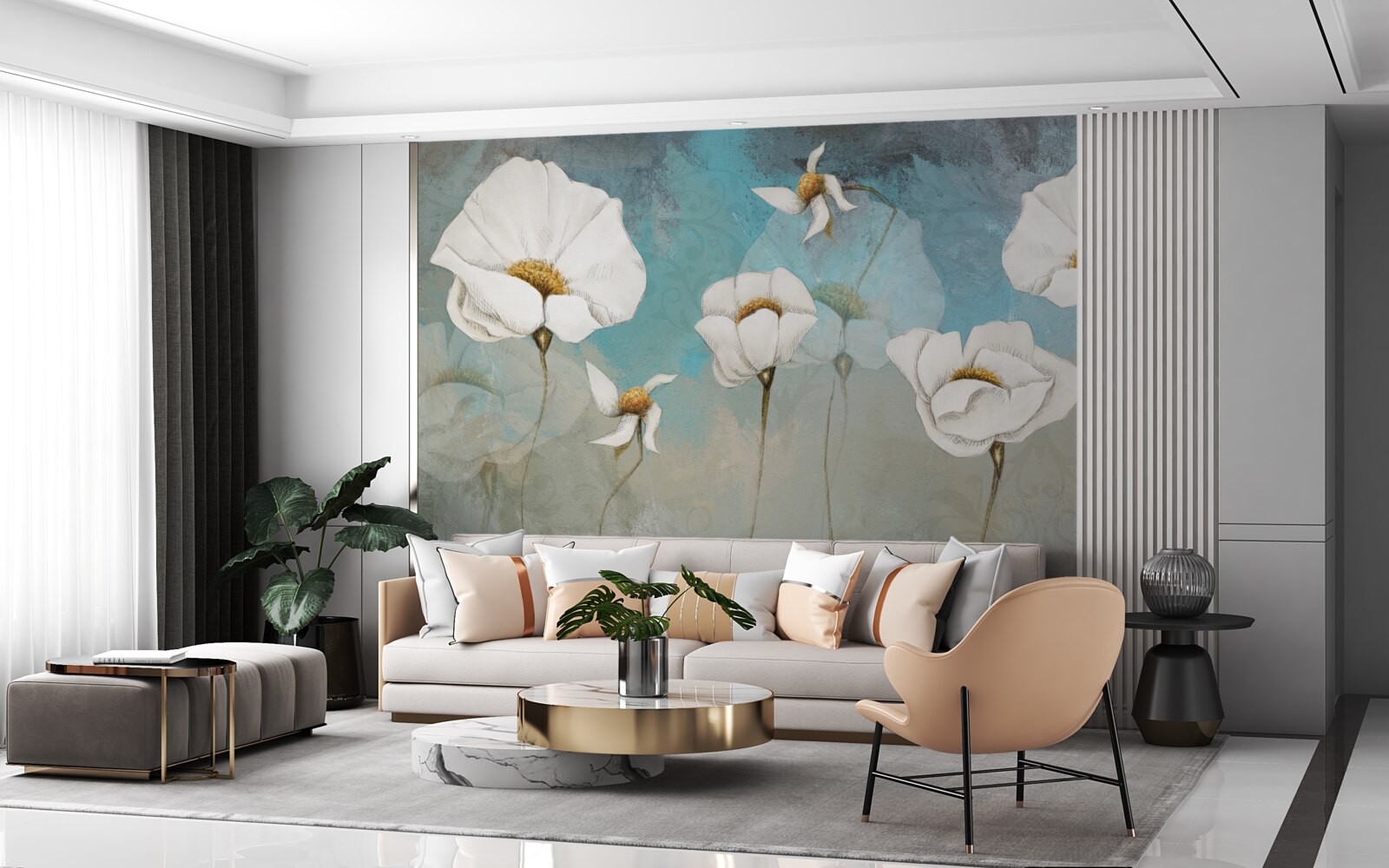 Фотошпалери ніжні білі квіти маку