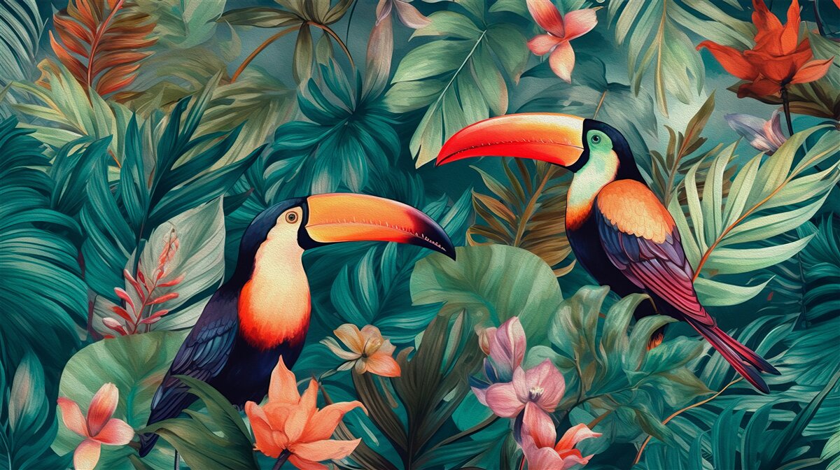 Фотошпалери великі папуги серед листя