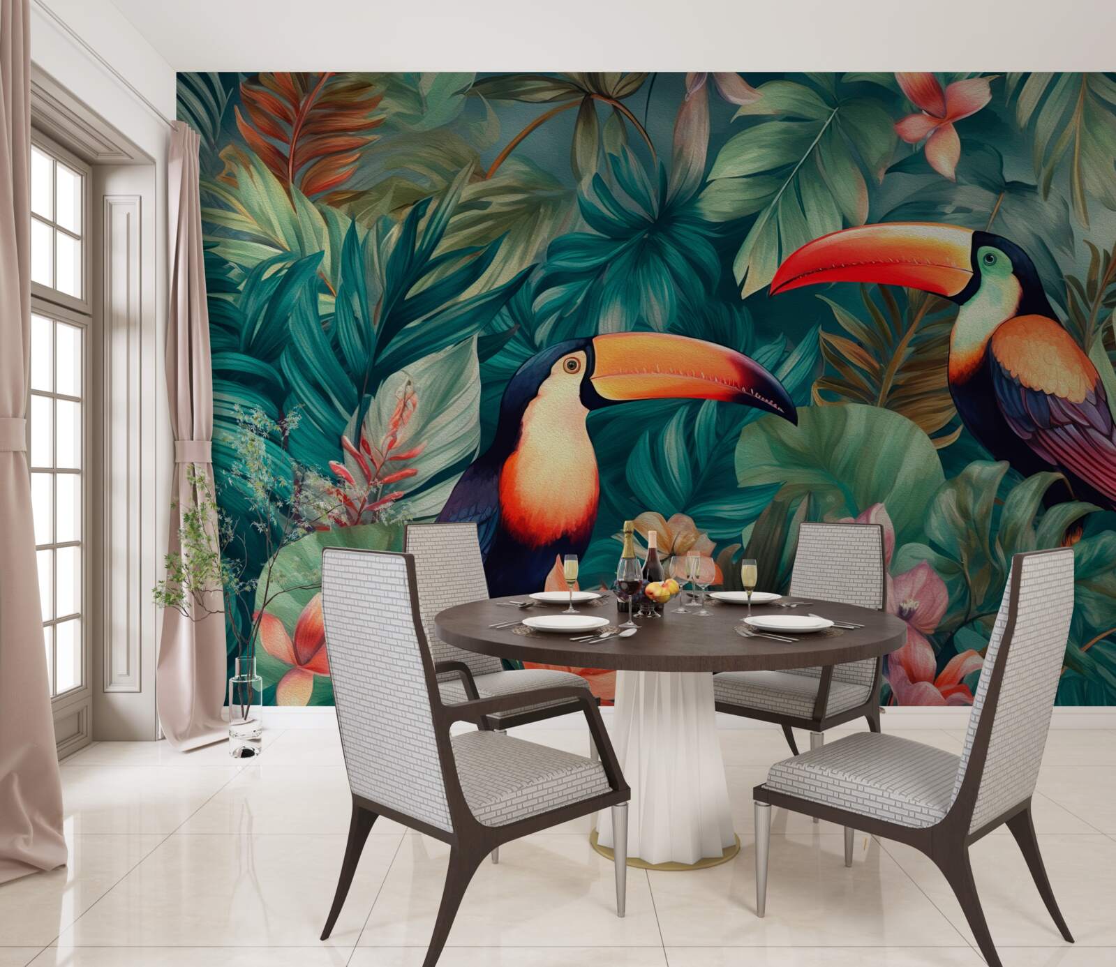 Фотошпалери великі папуги серед листя