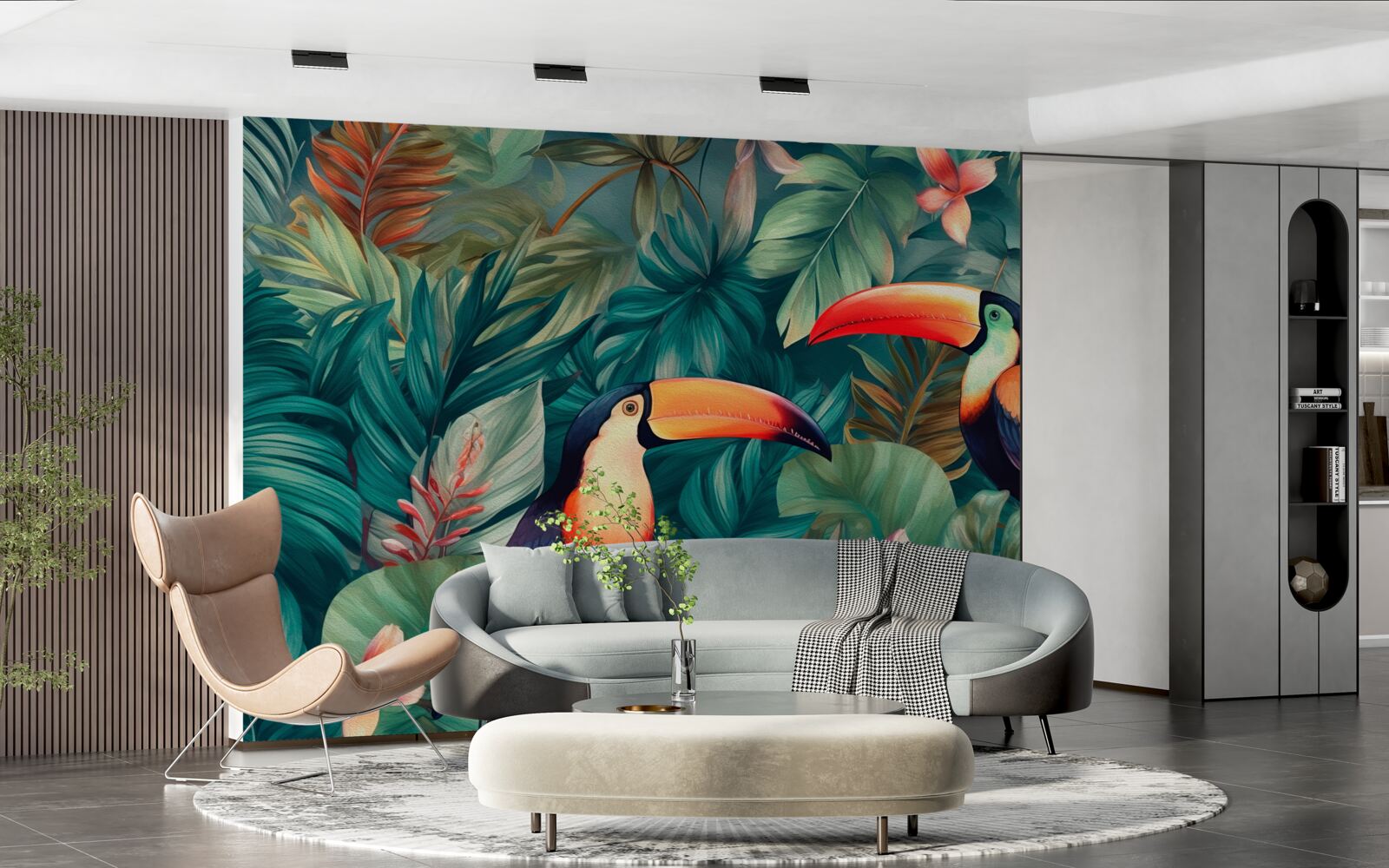 Фотошпалери великі папуги серед листя