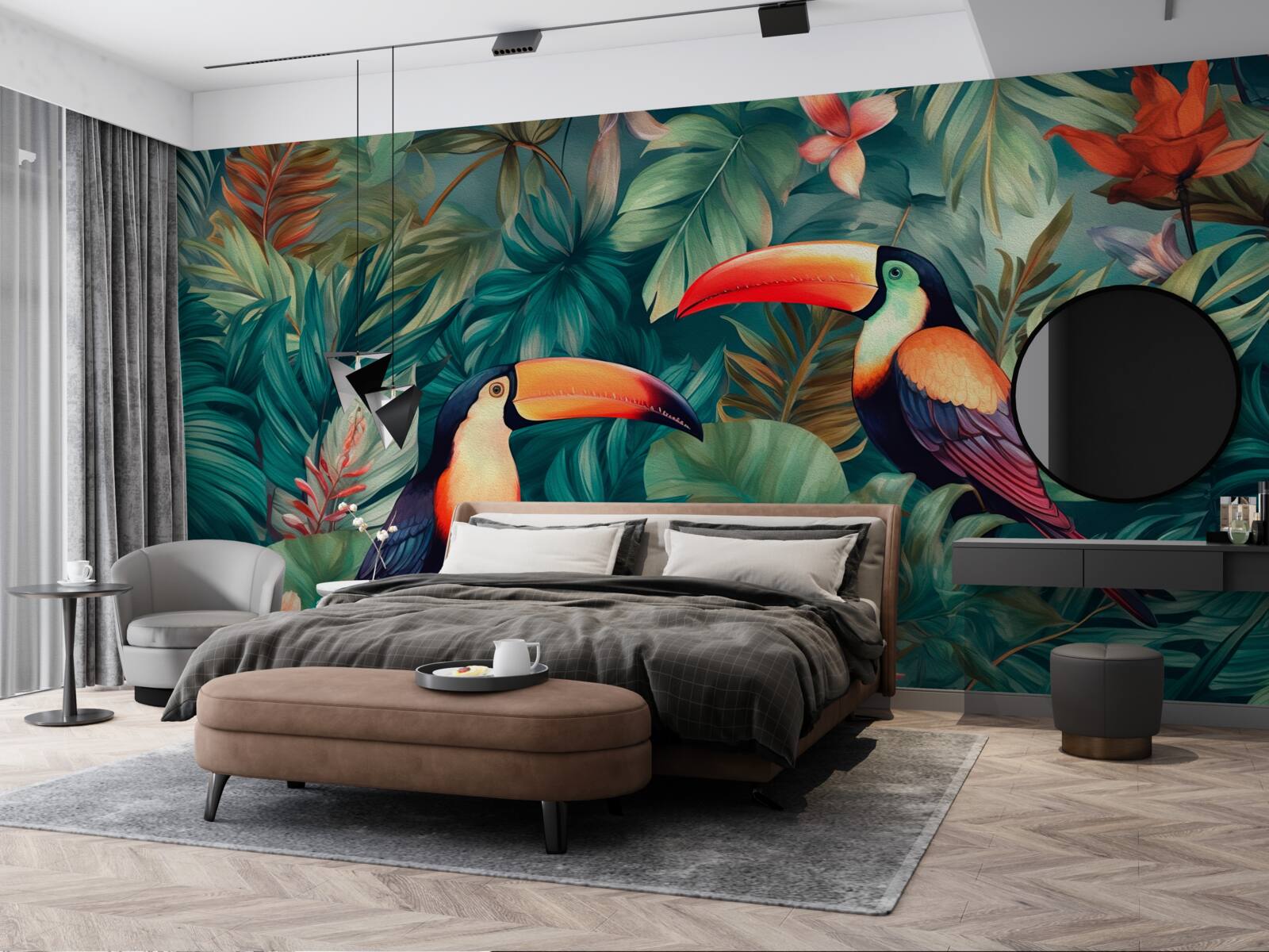 Фотошпалери великі папуги серед листя