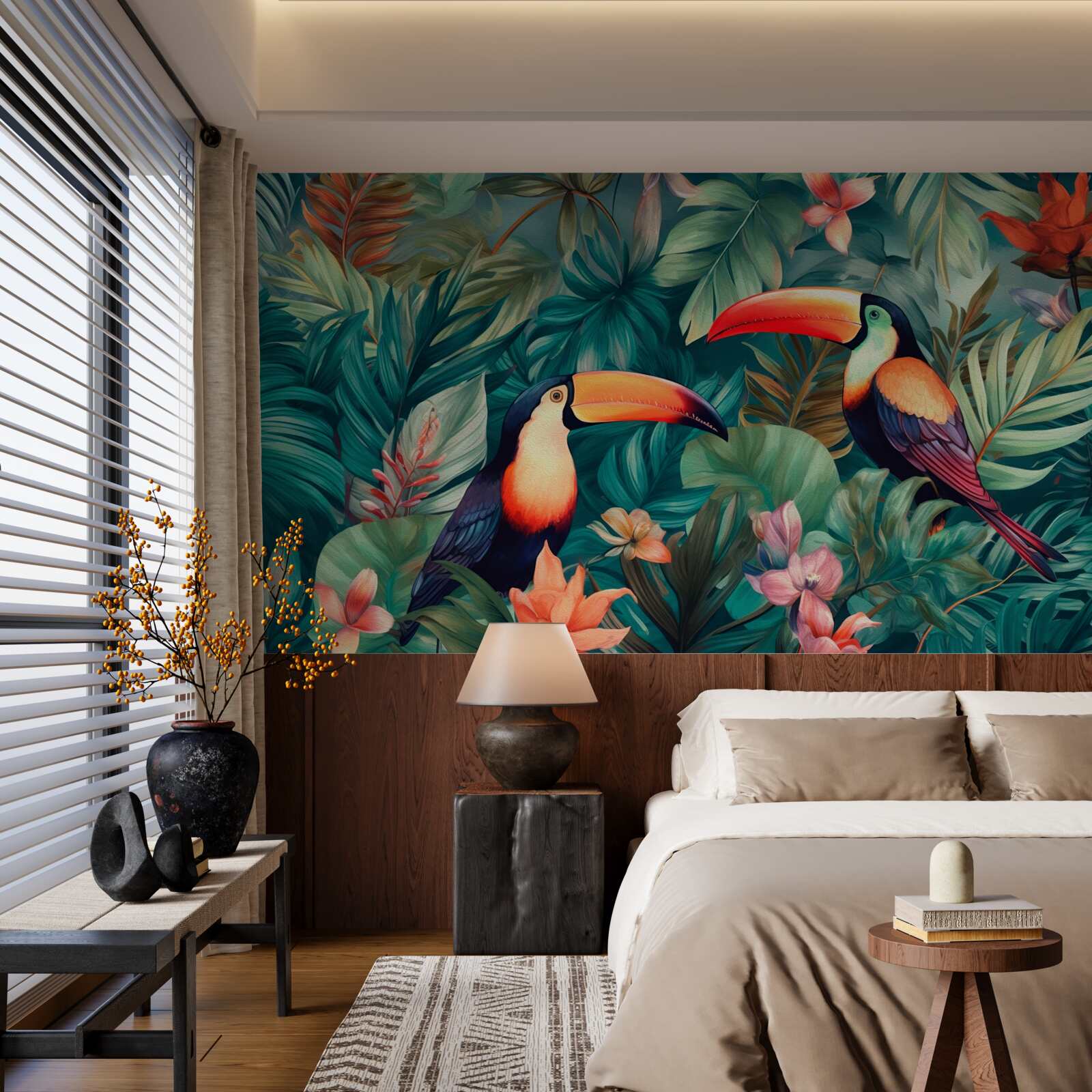 Фотошпалери великі папуги серед листя