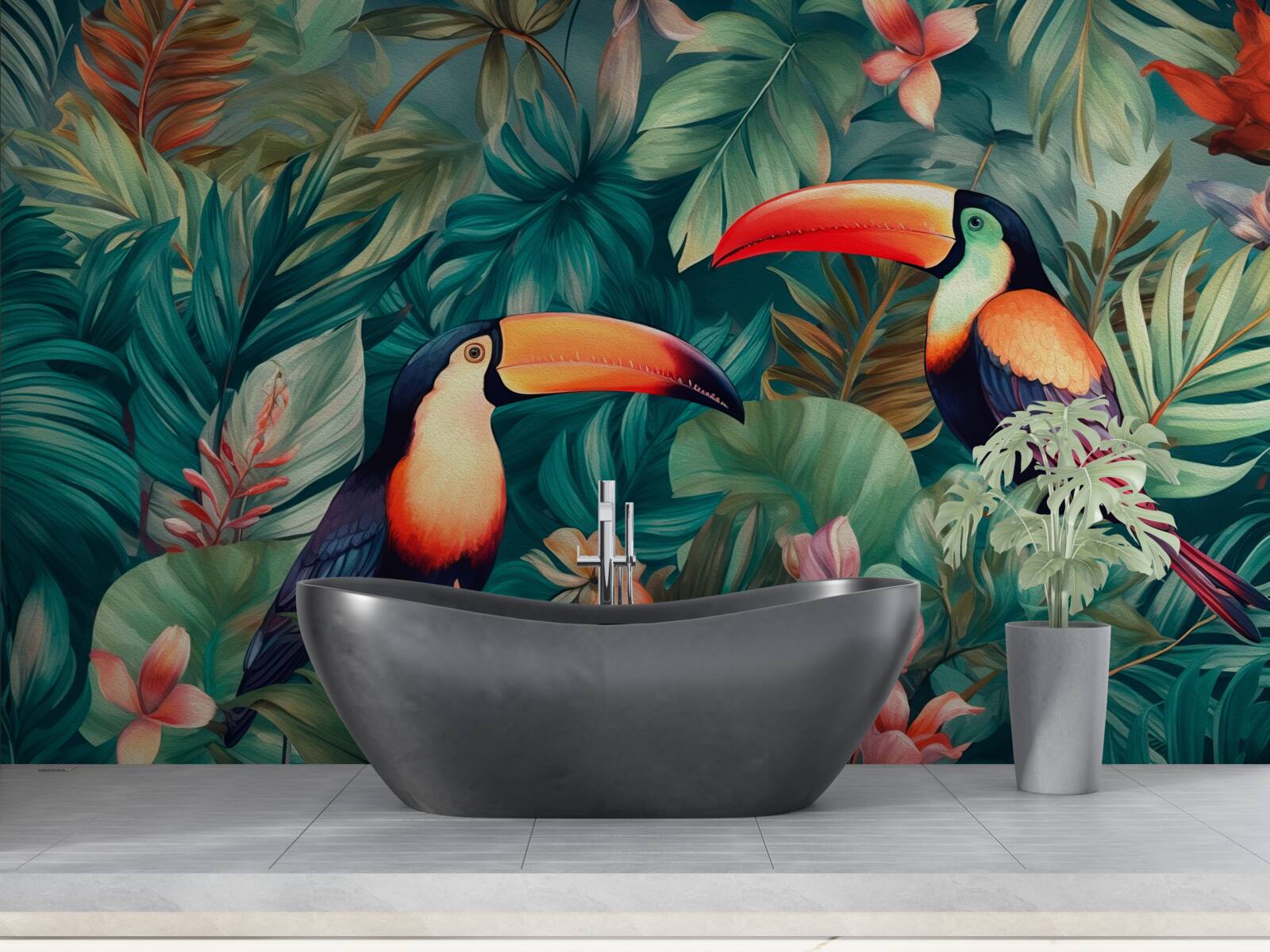 Фотошпалери великі папуги серед листя