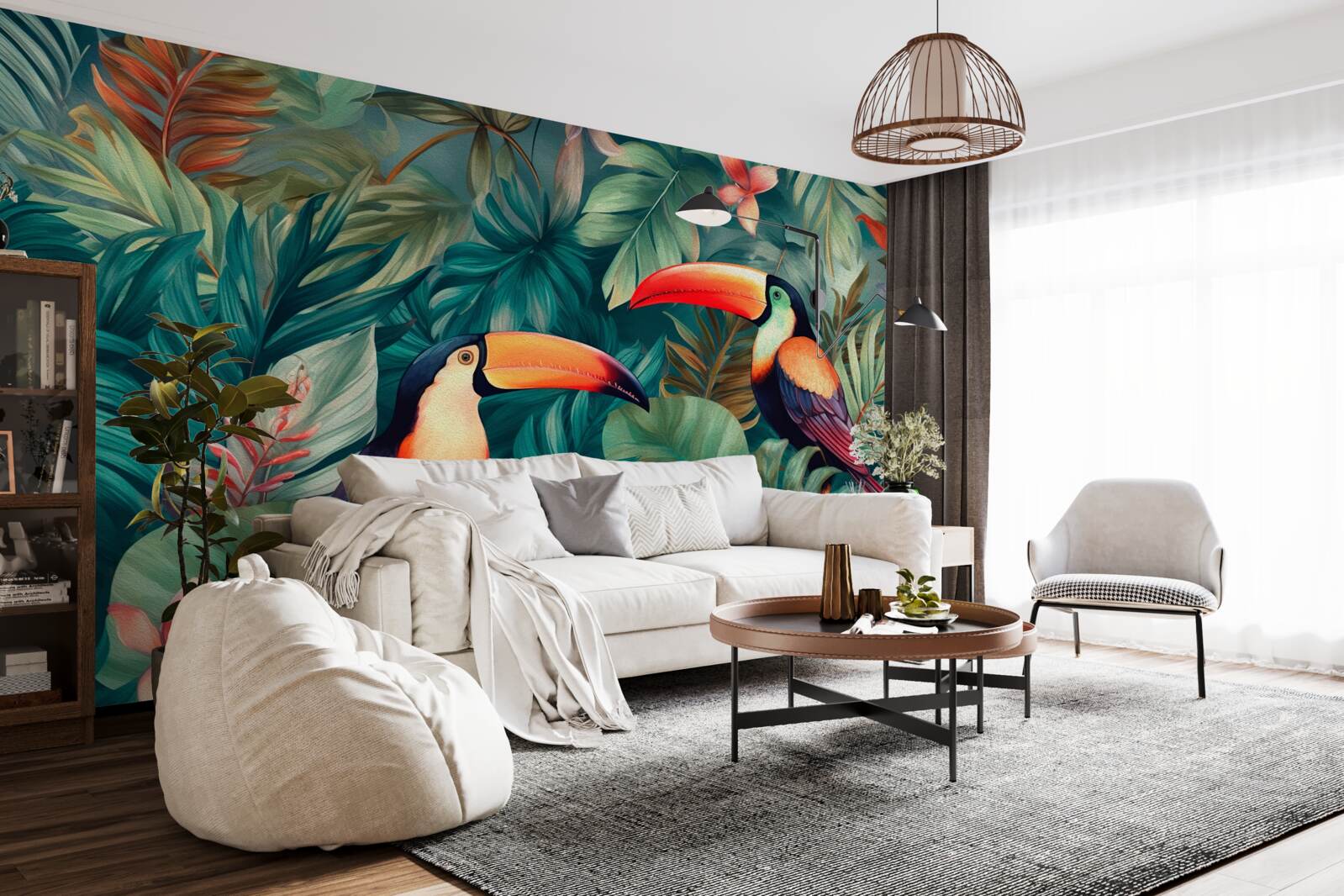 Фотошпалери великі папуги серед листя