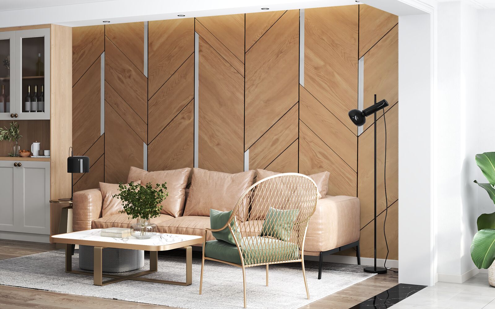 Фотошпалери коричневий паркет з вбудованим освітленням