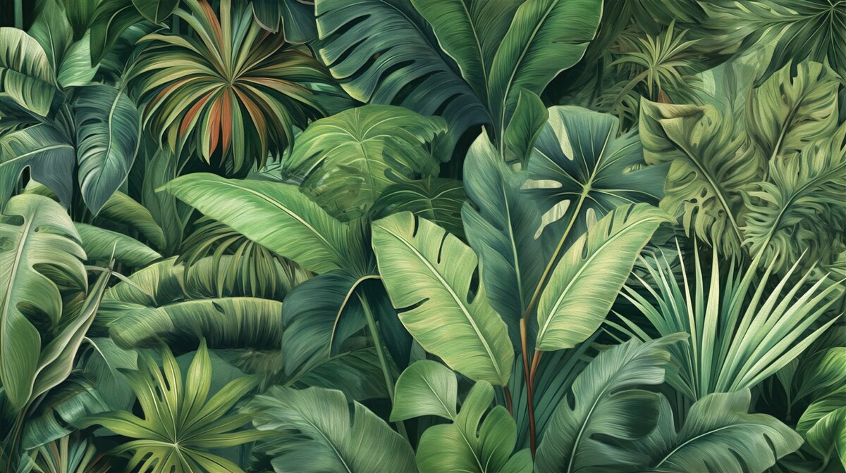 Фотошпалери велике зелене листя в джунглях