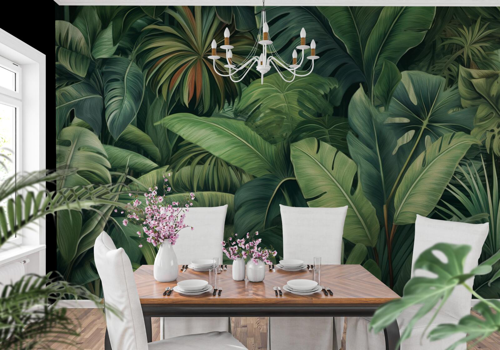 Фотошпалери велике зелене листя в джунглях