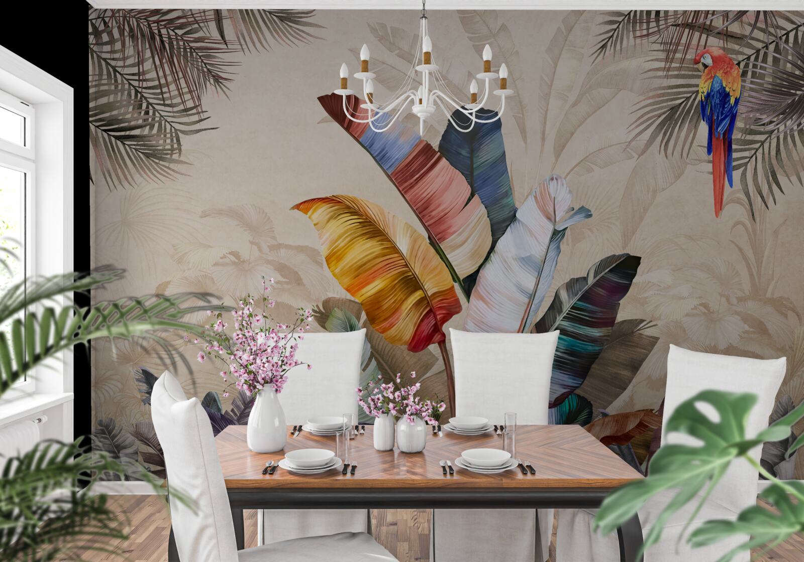 Фотошпалери Тропічне листя в насичених кольорах і папуга