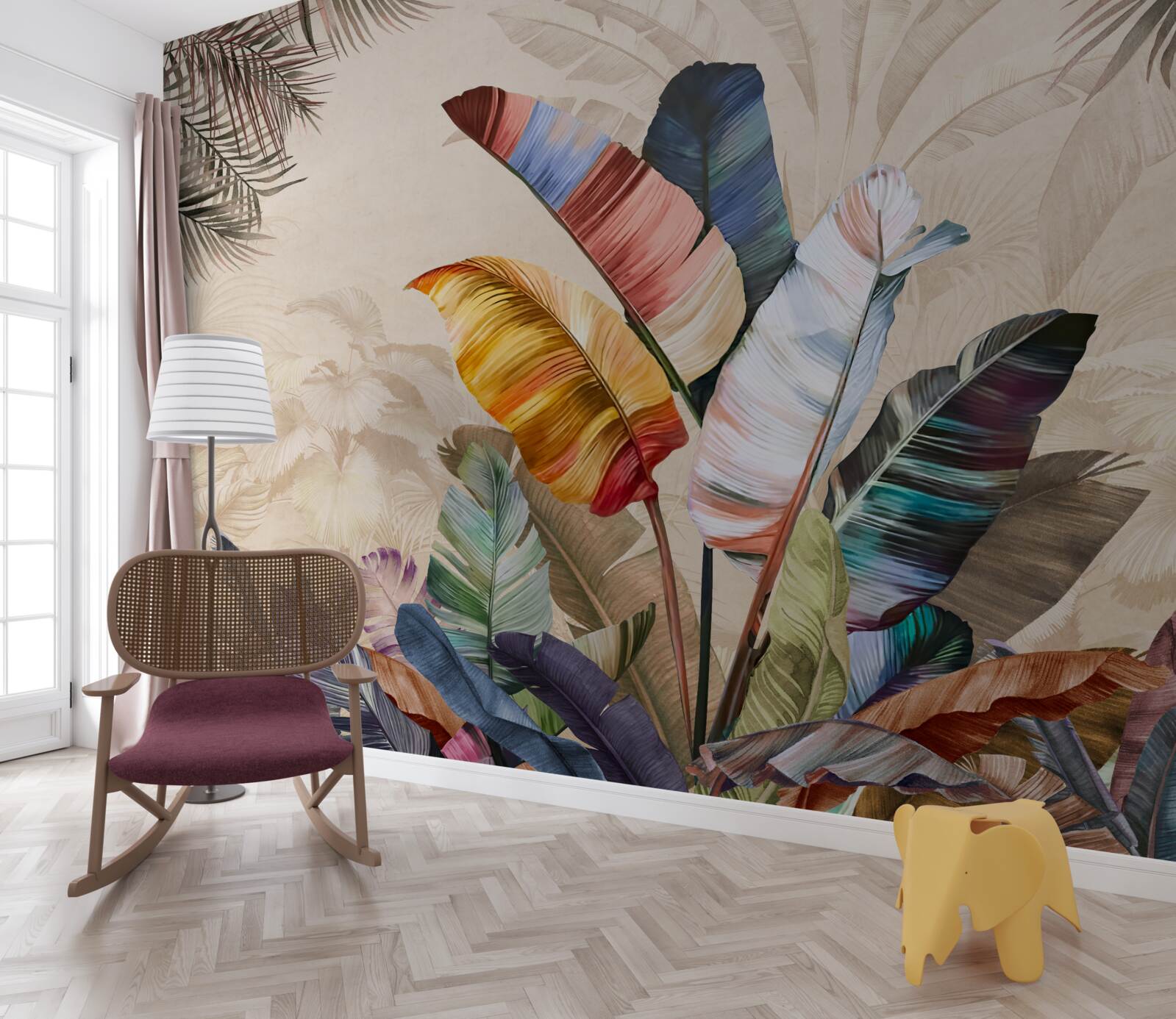 Фотошпалери Тропічне листя в насичених кольорах і папуга