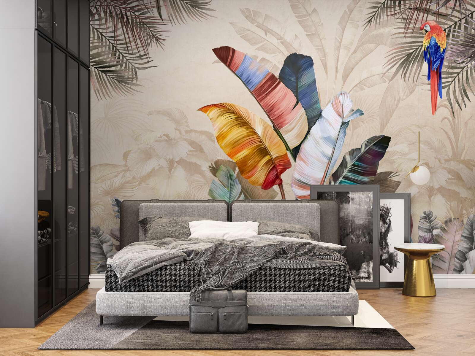 Фотошпалери Тропічне листя в насичених кольорах і папуга