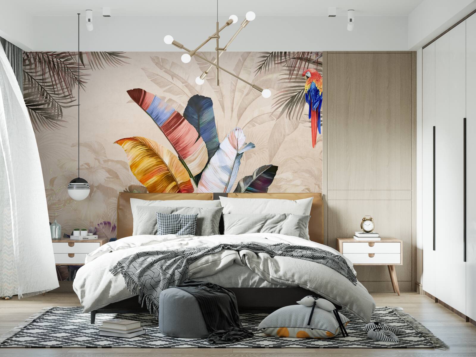 Фотошпалери Тропічне листя в насичених кольорах і папуга