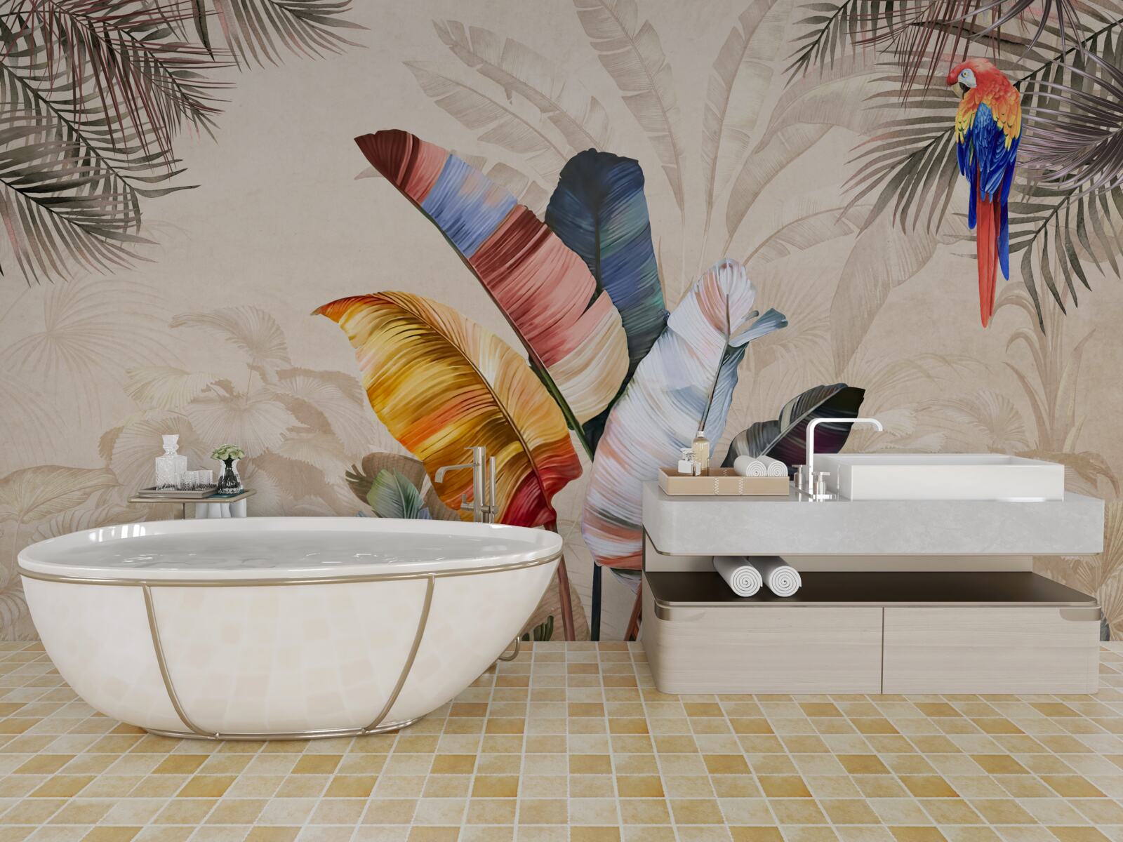 Фотошпалери Тропічне листя в насичених кольорах і папуга