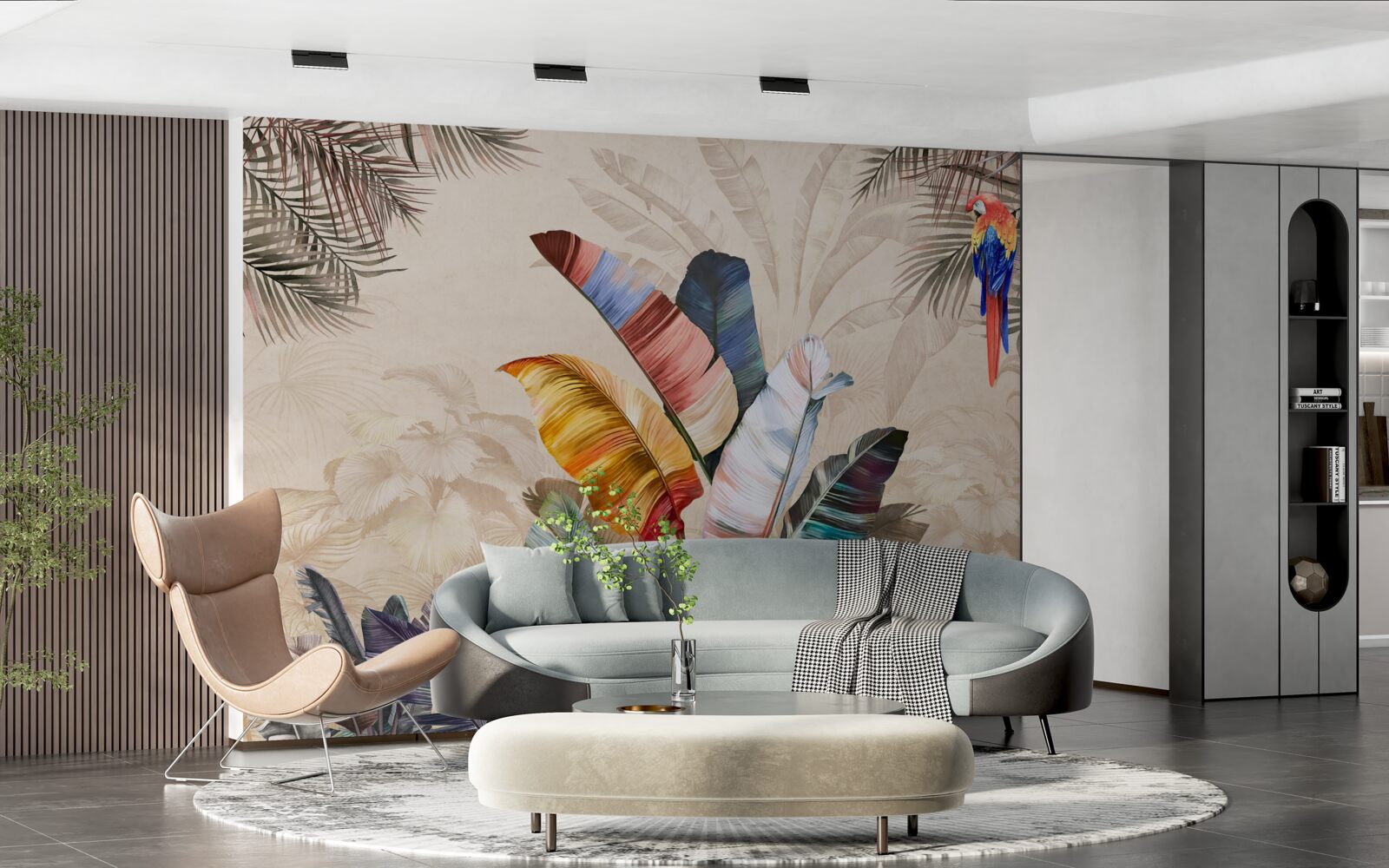 Фотошпалери Тропічне листя в насичених кольорах і папуга