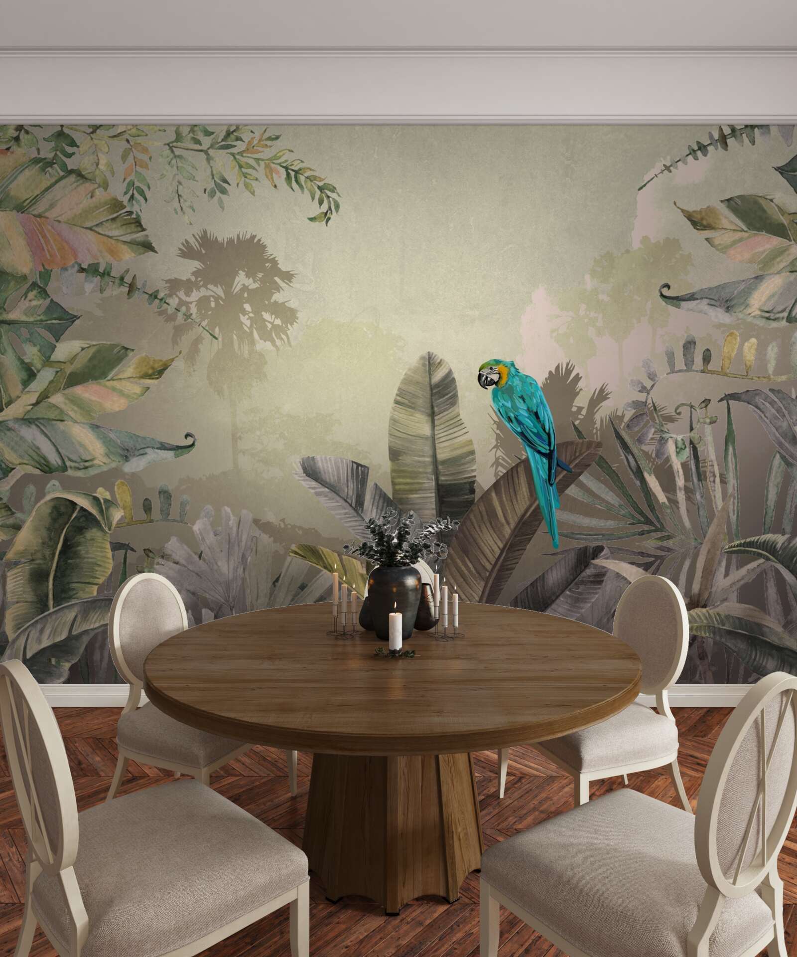 Фотошпалери яскравий папуга серед тропічної зелені