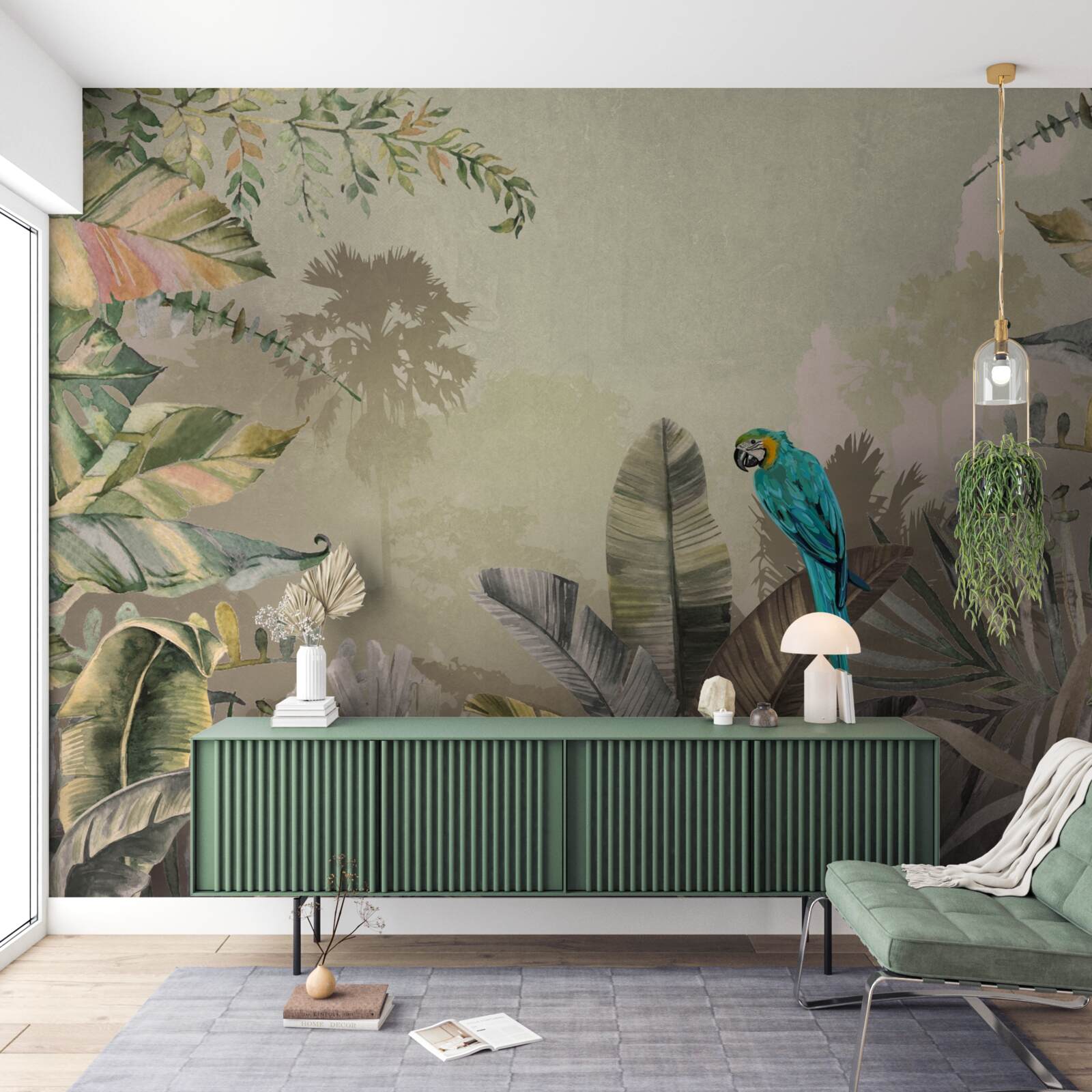 Фотошпалери яскравий папуга серед тропічної зелені