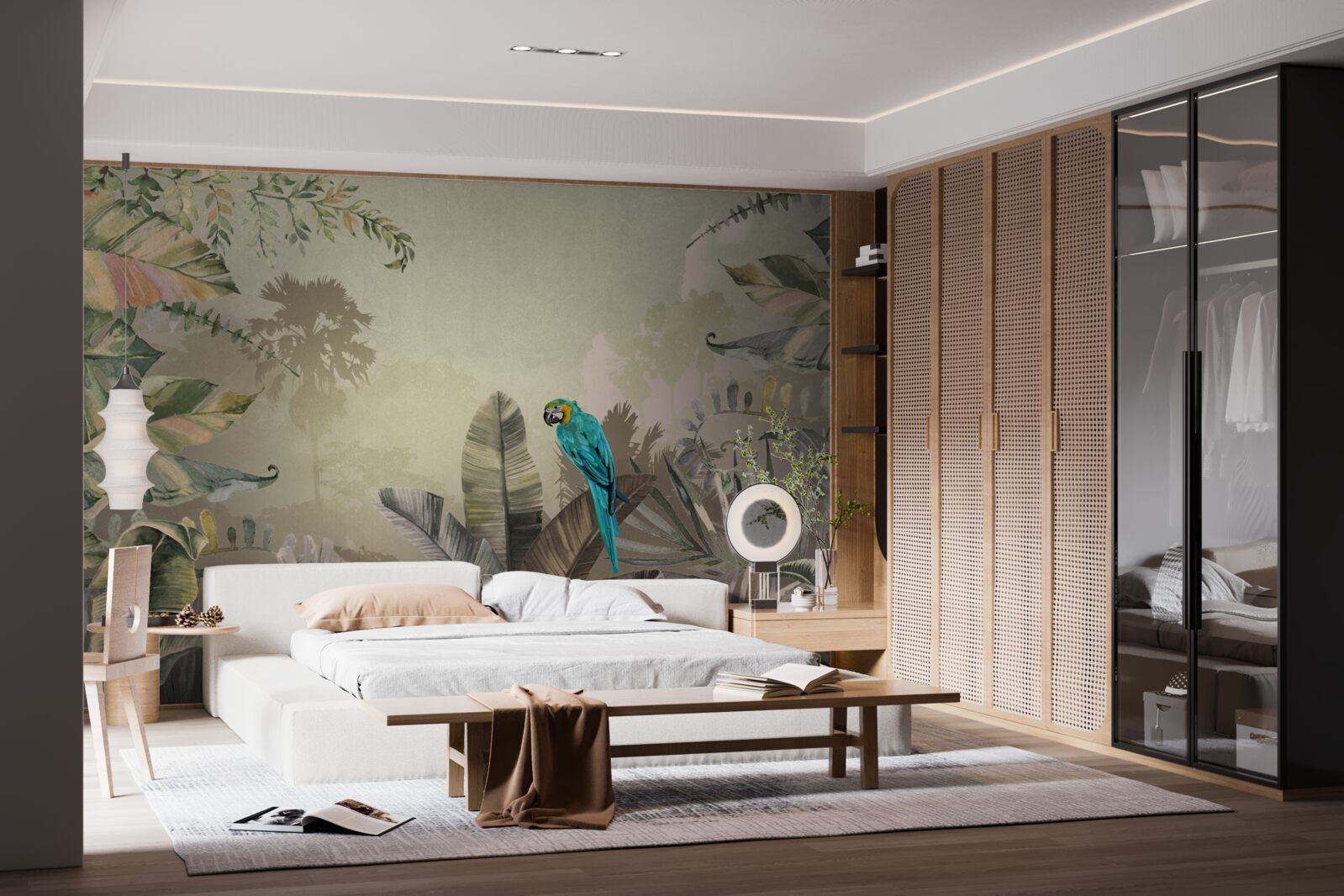 Фотошпалери яскравий папуга серед тропічної зелені