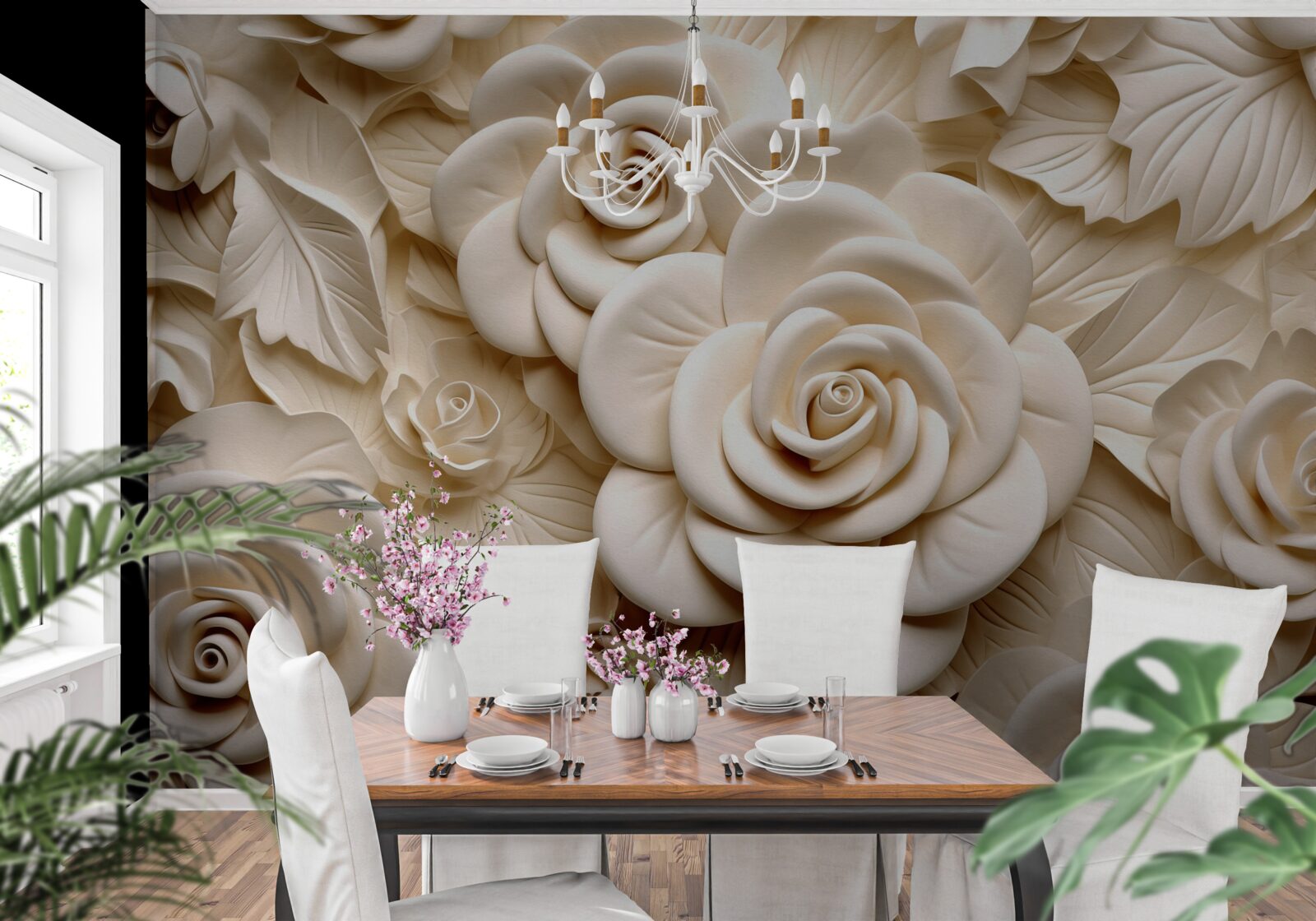 Фотошпалери великі гіпсові троянди світлих відтінків