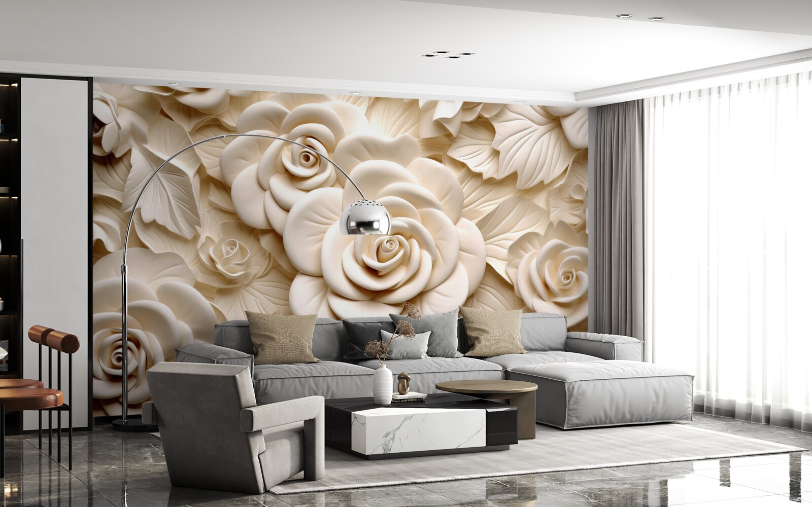 Фотошпалери великі гіпсові троянди світлих відтінків