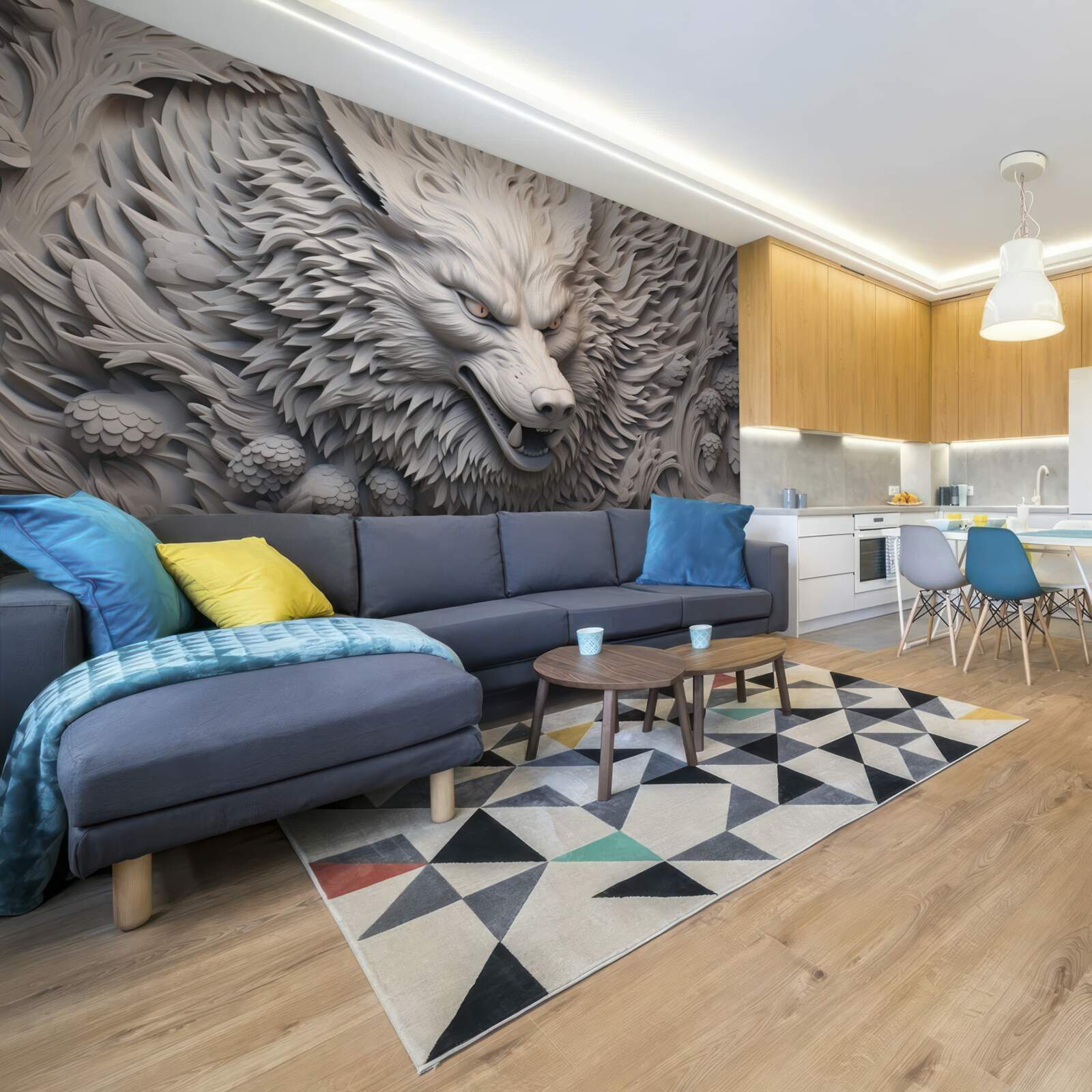 Фотошпалери потужний рик вовка створює багатогранний образ