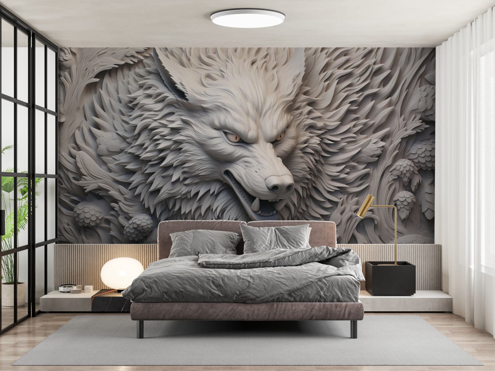 Фотошпалери потужний рик вовка створює багатогранний образ