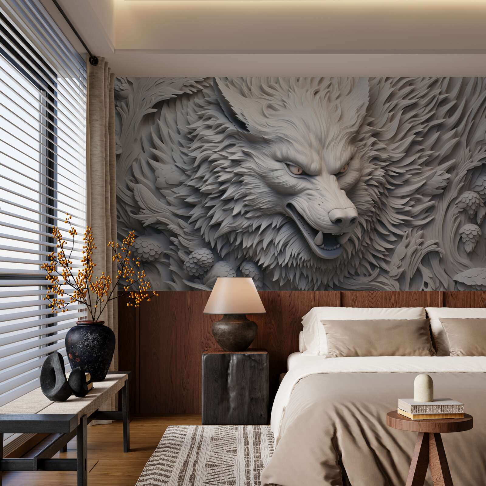 Фотошпалери потужний рик вовка створює багатогранний образ