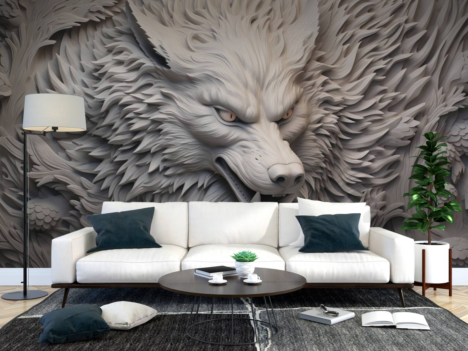 Фотошпалери потужний рик вовка створює багатогранний образ