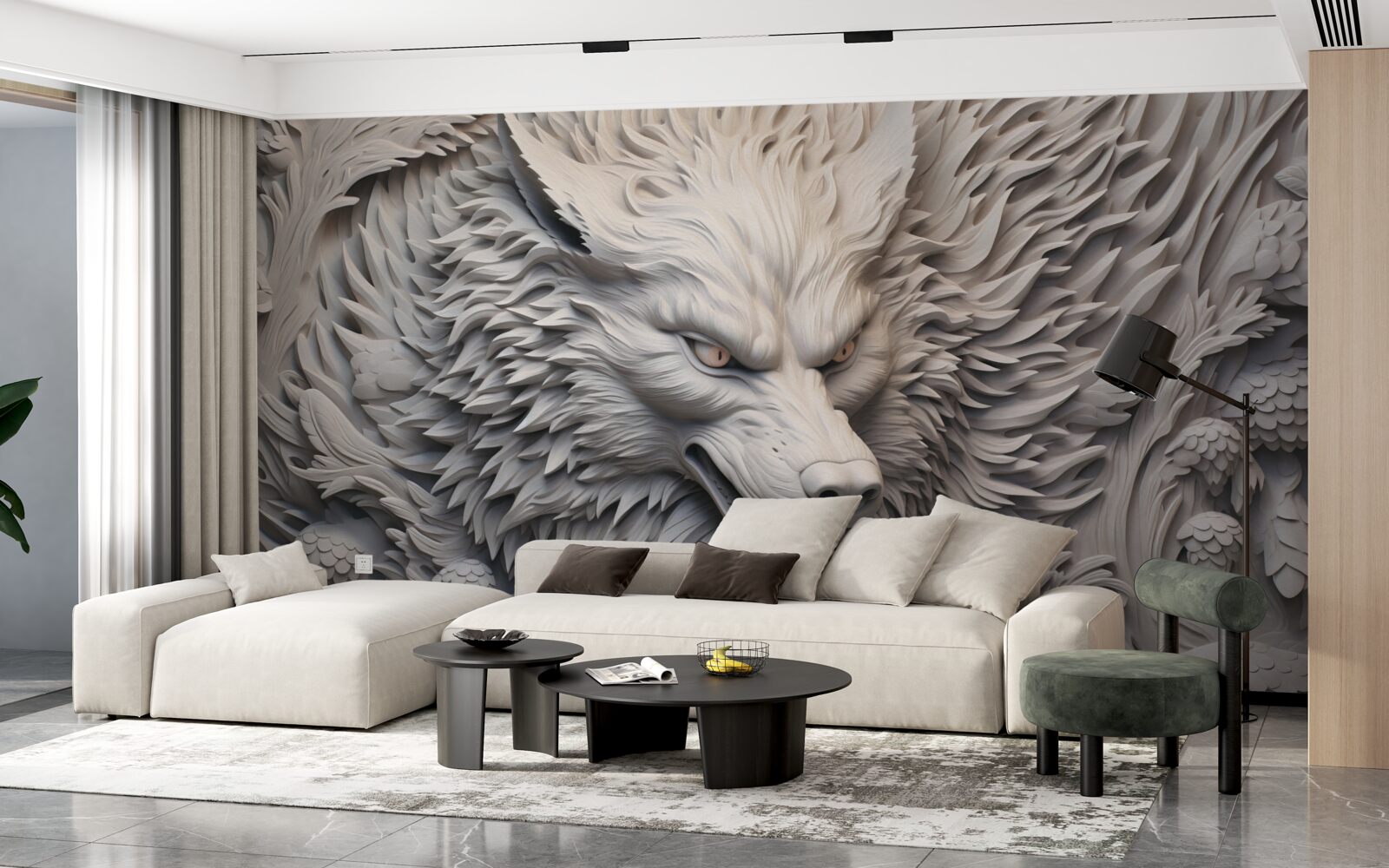 Фотошпалери потужний рик вовка створює багатогранний образ