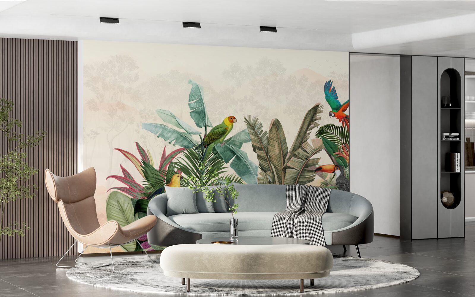 Фотошпалери тропічне листя, прикрашене птахами