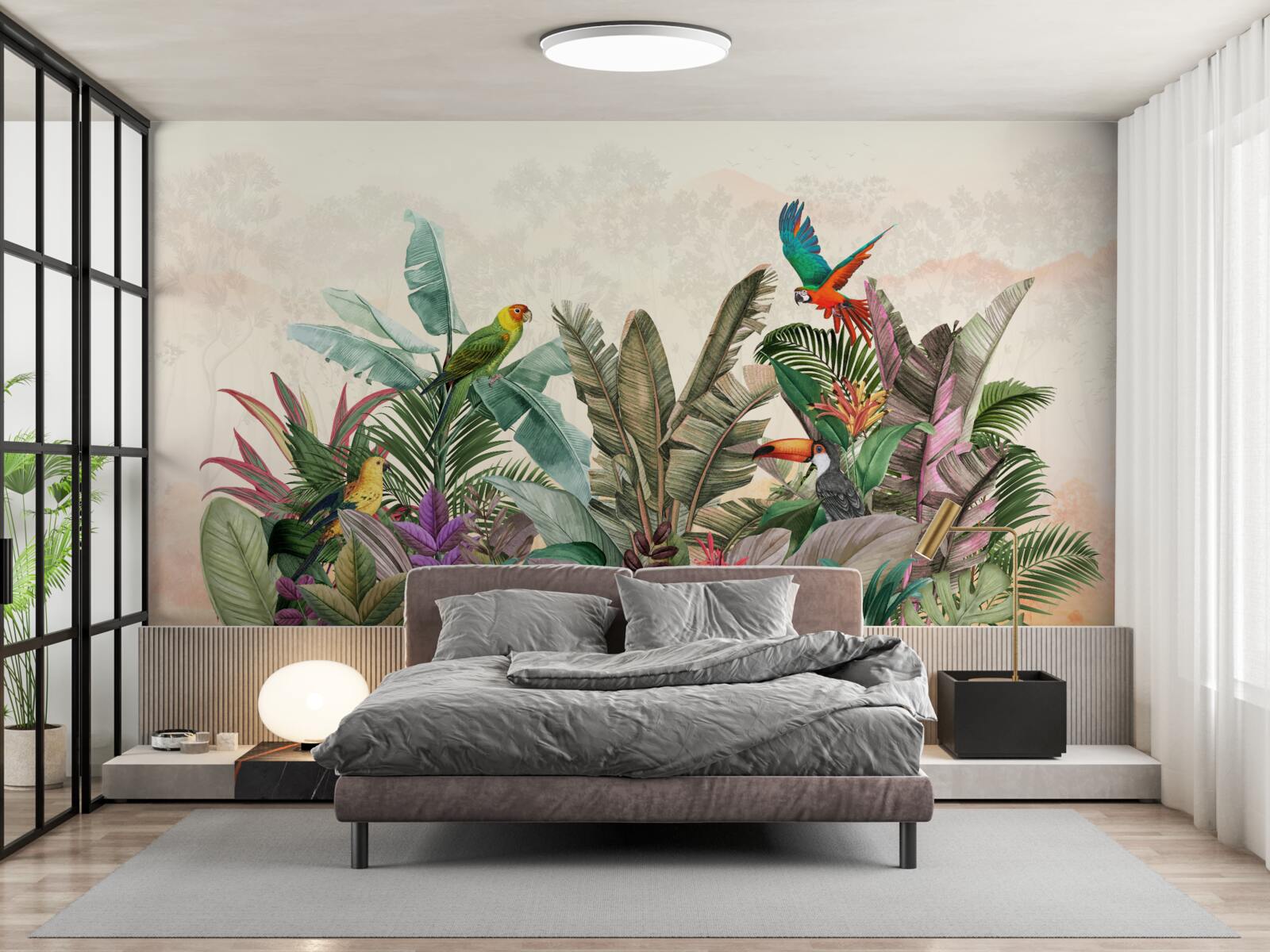 Фотошпалери тропічне листя, прикрашене птахами