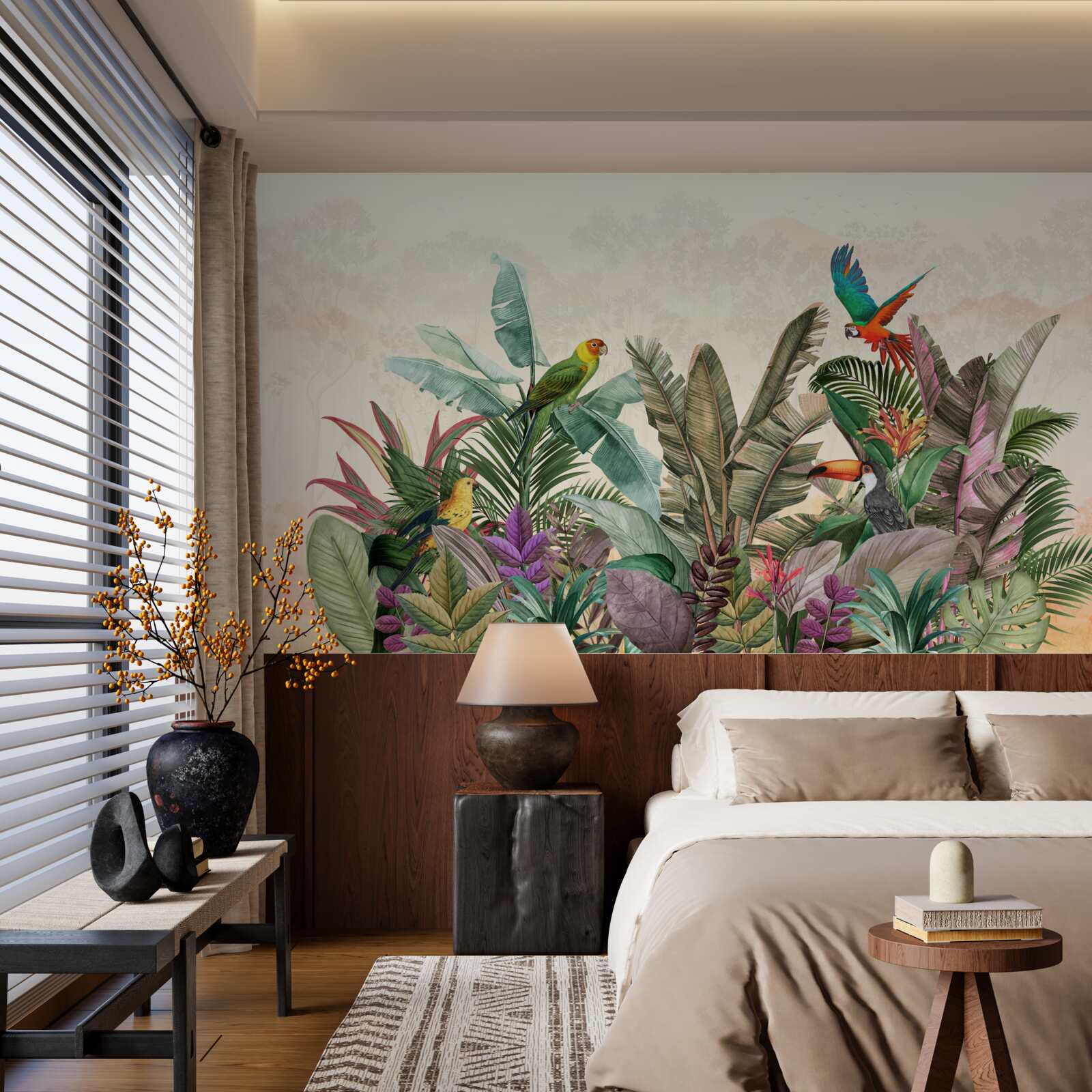 Фотошпалери тропічне листя, прикрашене птахами