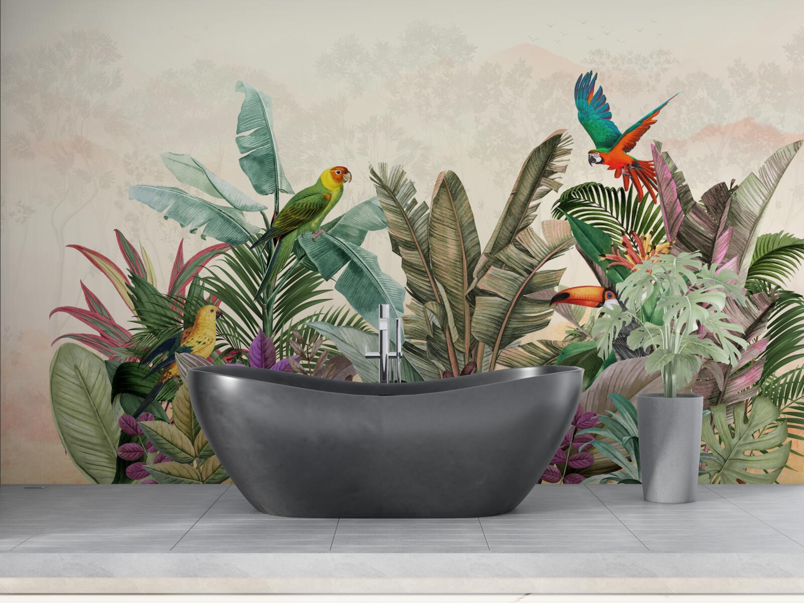 Фотошпалери тропічне листя, прикрашене птахами