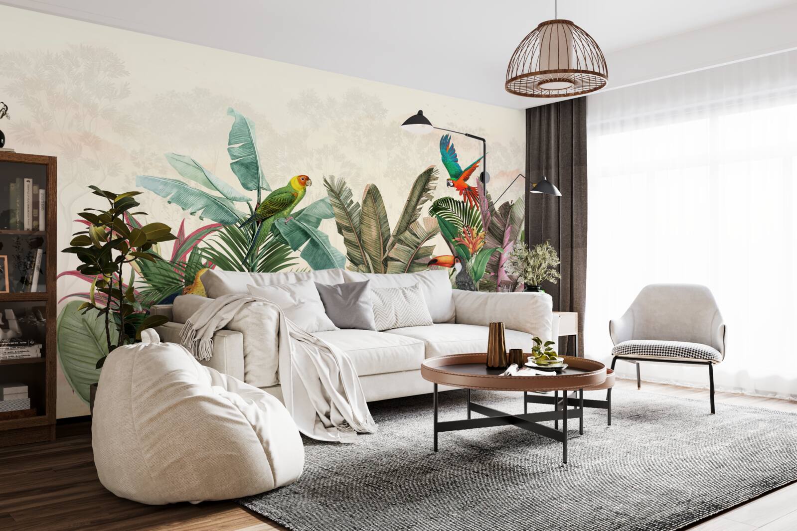 Фотошпалери тропічне листя, прикрашене птахами