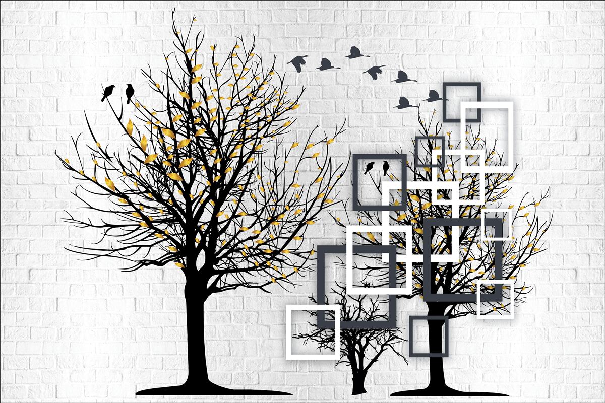 Фотошпалери абстрактний з деревами та цегляною стіною