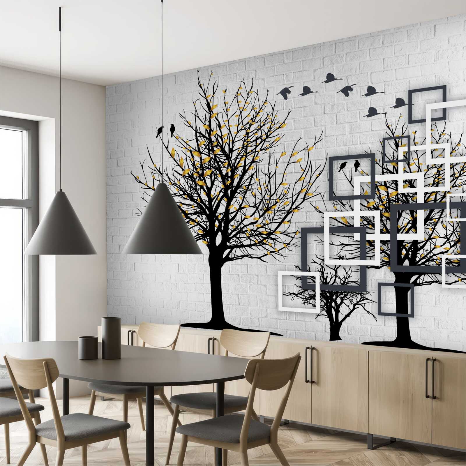 Фотошпалери абстрактний з деревами та цегляною стіною