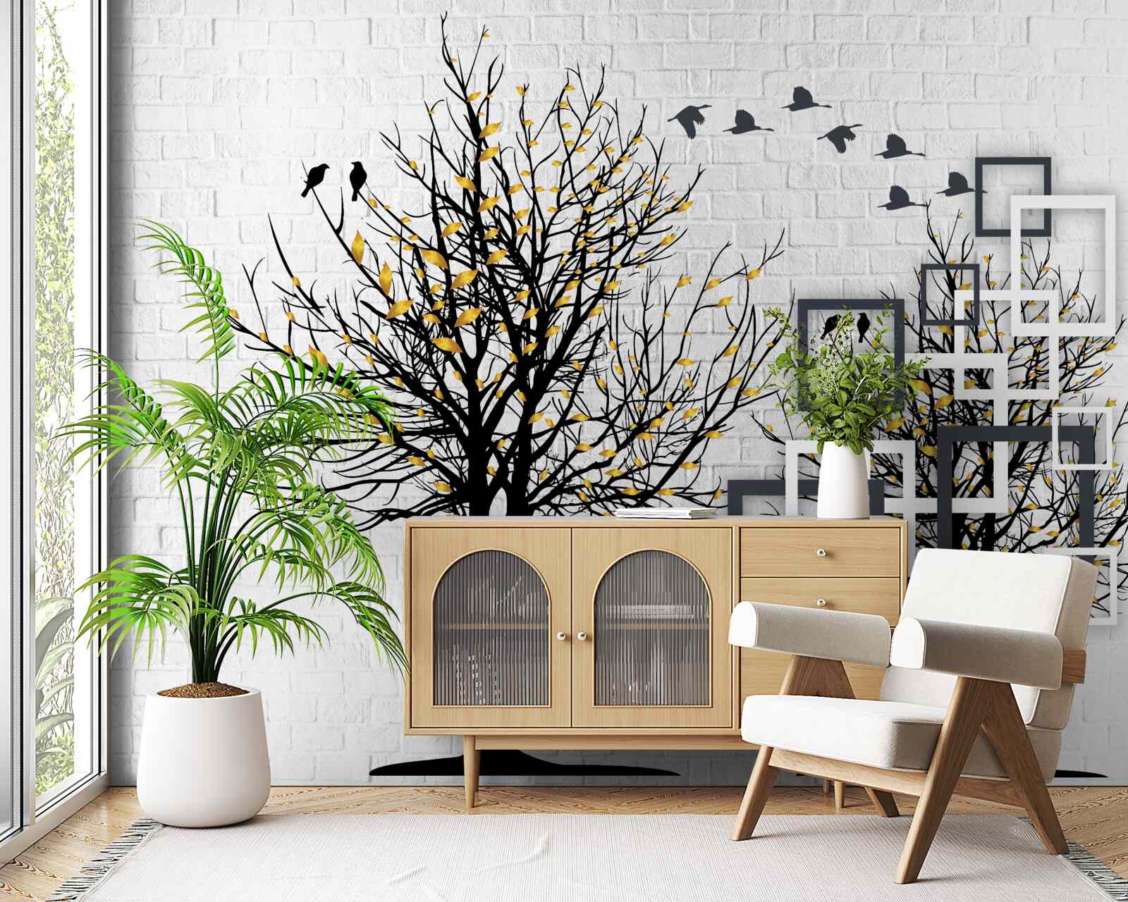 Фотошпалери абстрактний з деревами та цегляною стіною