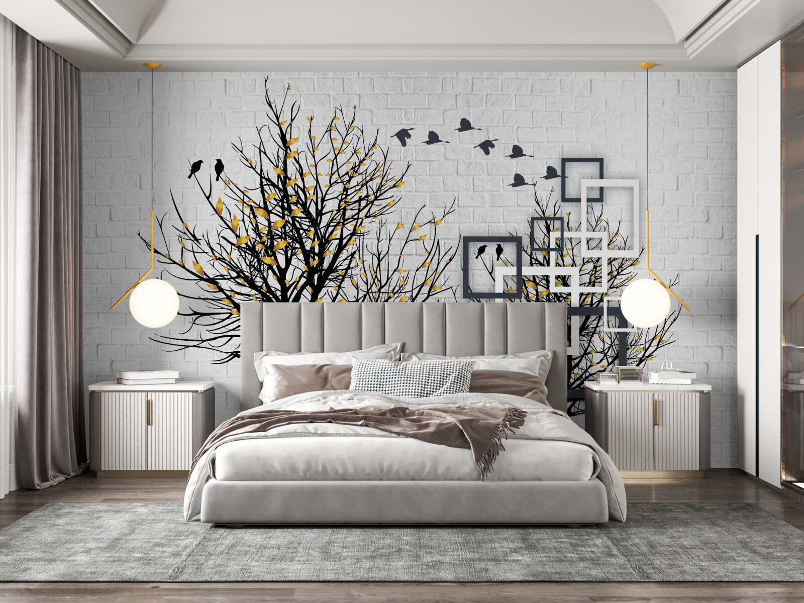 Фотошпалери абстрактний з деревами та цегляною стіною