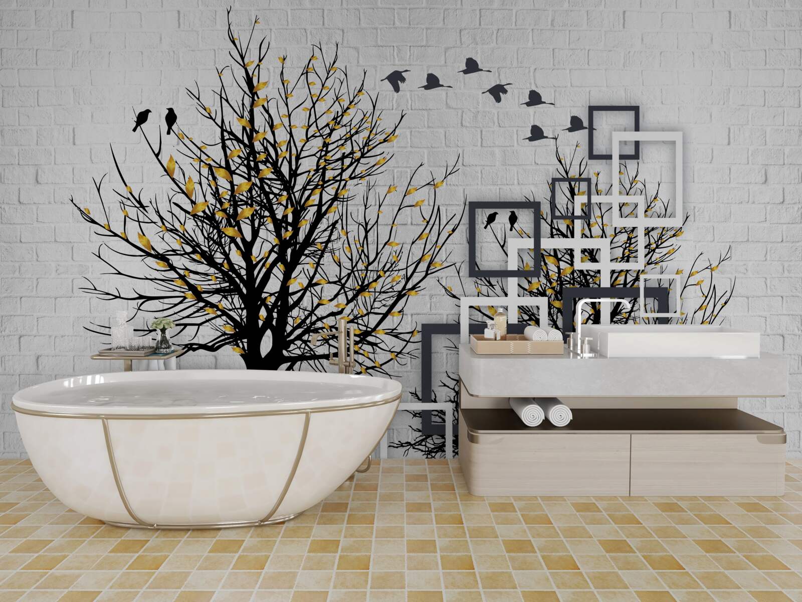 Фотошпалери абстрактний з деревами та цегляною стіною