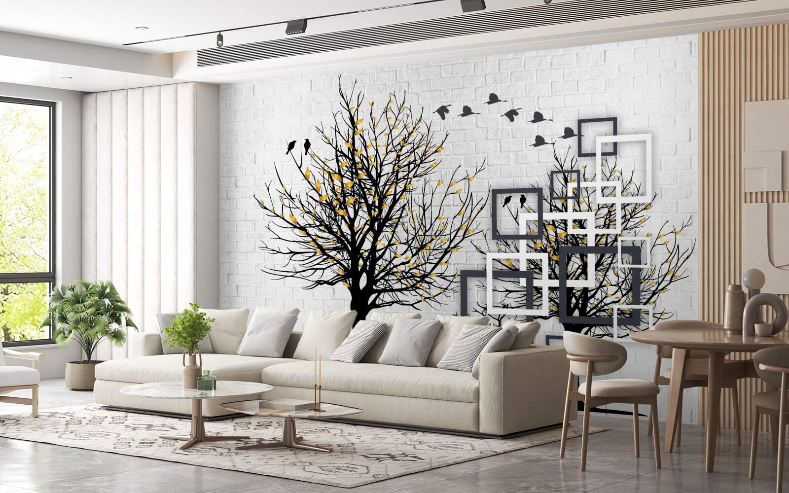 Фотошпалери абстрактний з деревами та цегляною стіною